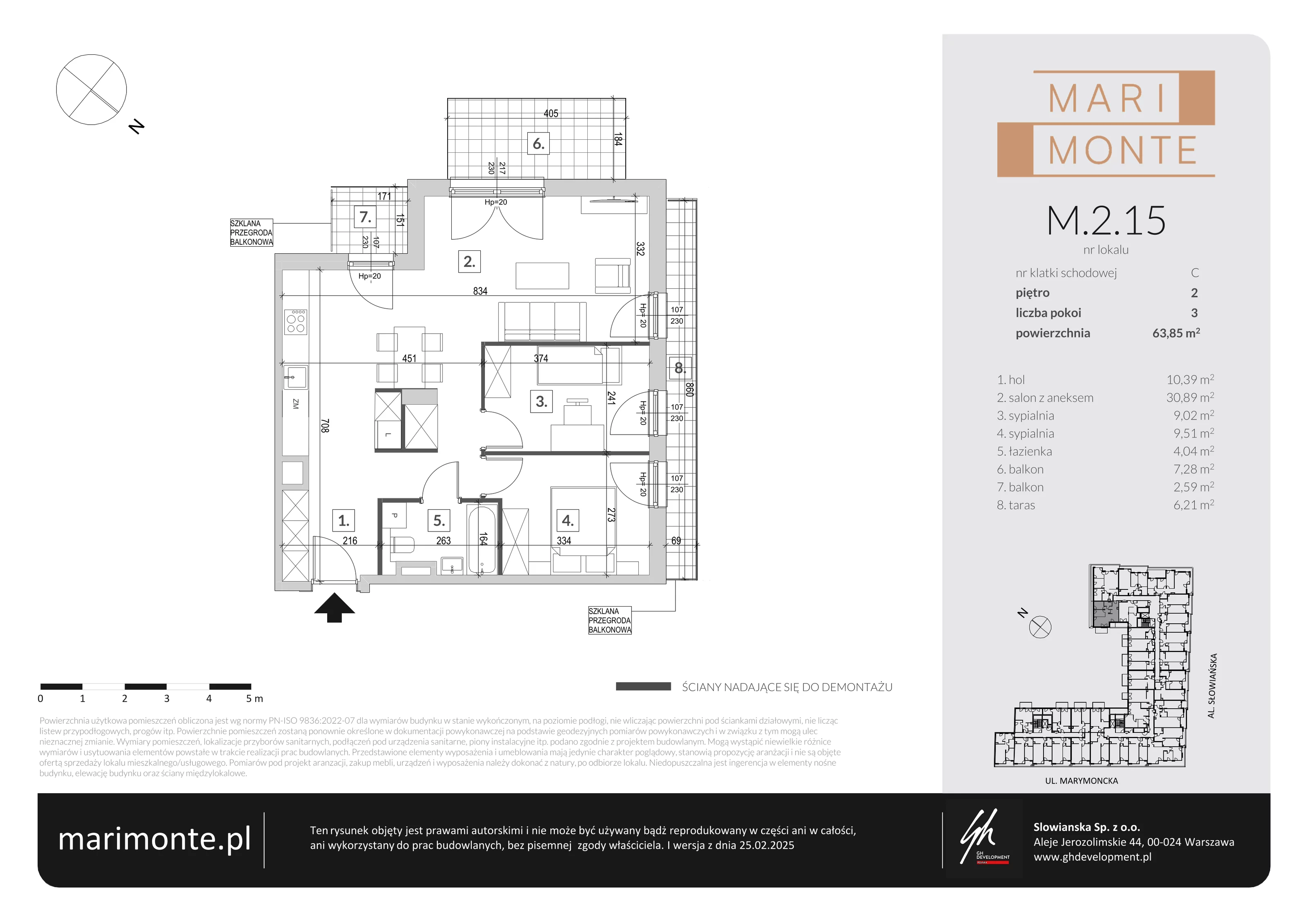 3 pokoje, apartament 63,85 m², piętro 2, oferta nr M.2.15, Marimonte - Apartamenty Mieszkalne, Warszawa, Bielany, Marymont-Kaskada, ul. Marymoncka 4