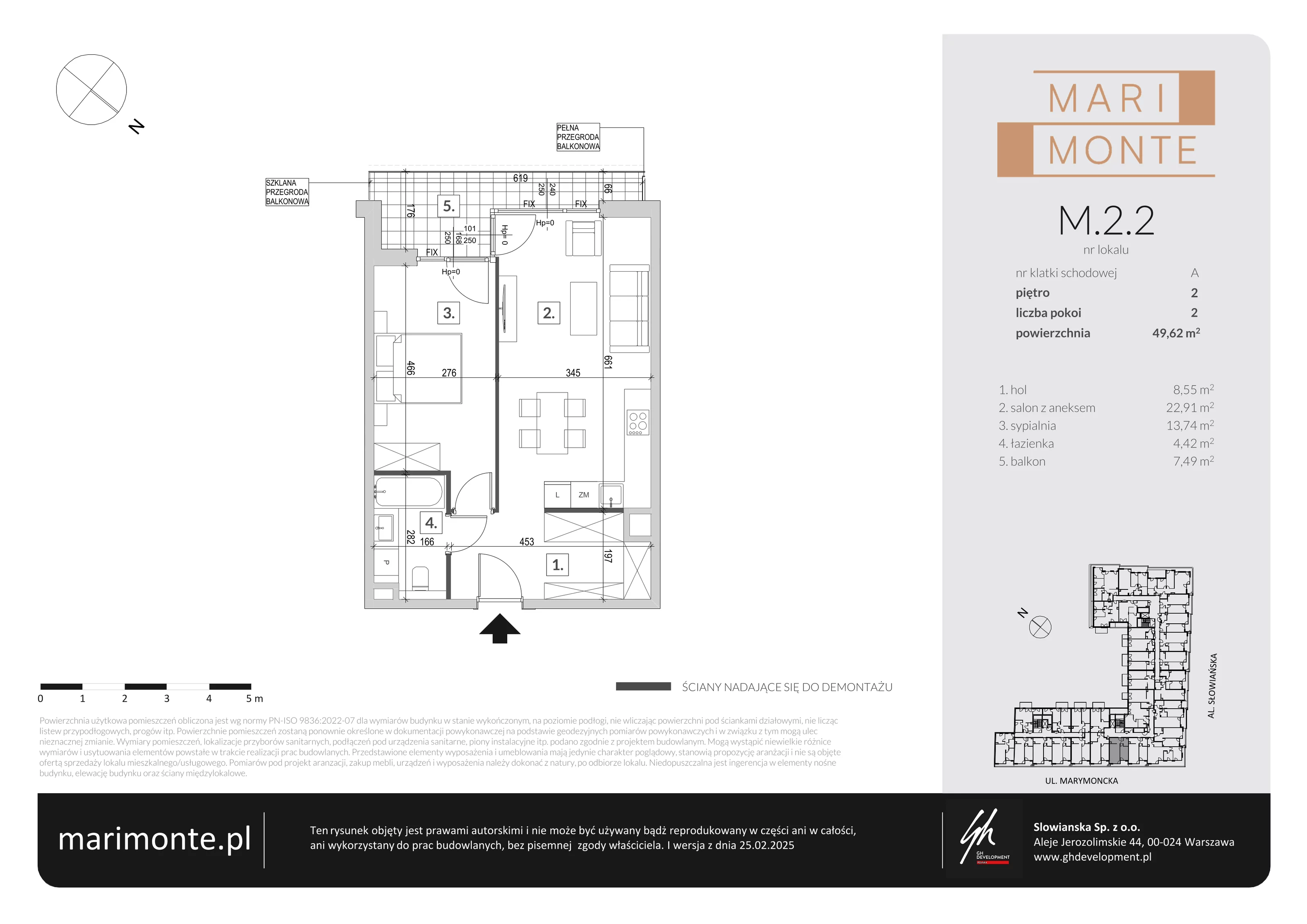 2 pokoje, apartament 49,62 m², piętro 2, oferta nr M.2.2, Marimonte - Apartamenty Mieszkalne, Warszawa, Bielany, Marymont-Kaskada, ul. Marymoncka 4
