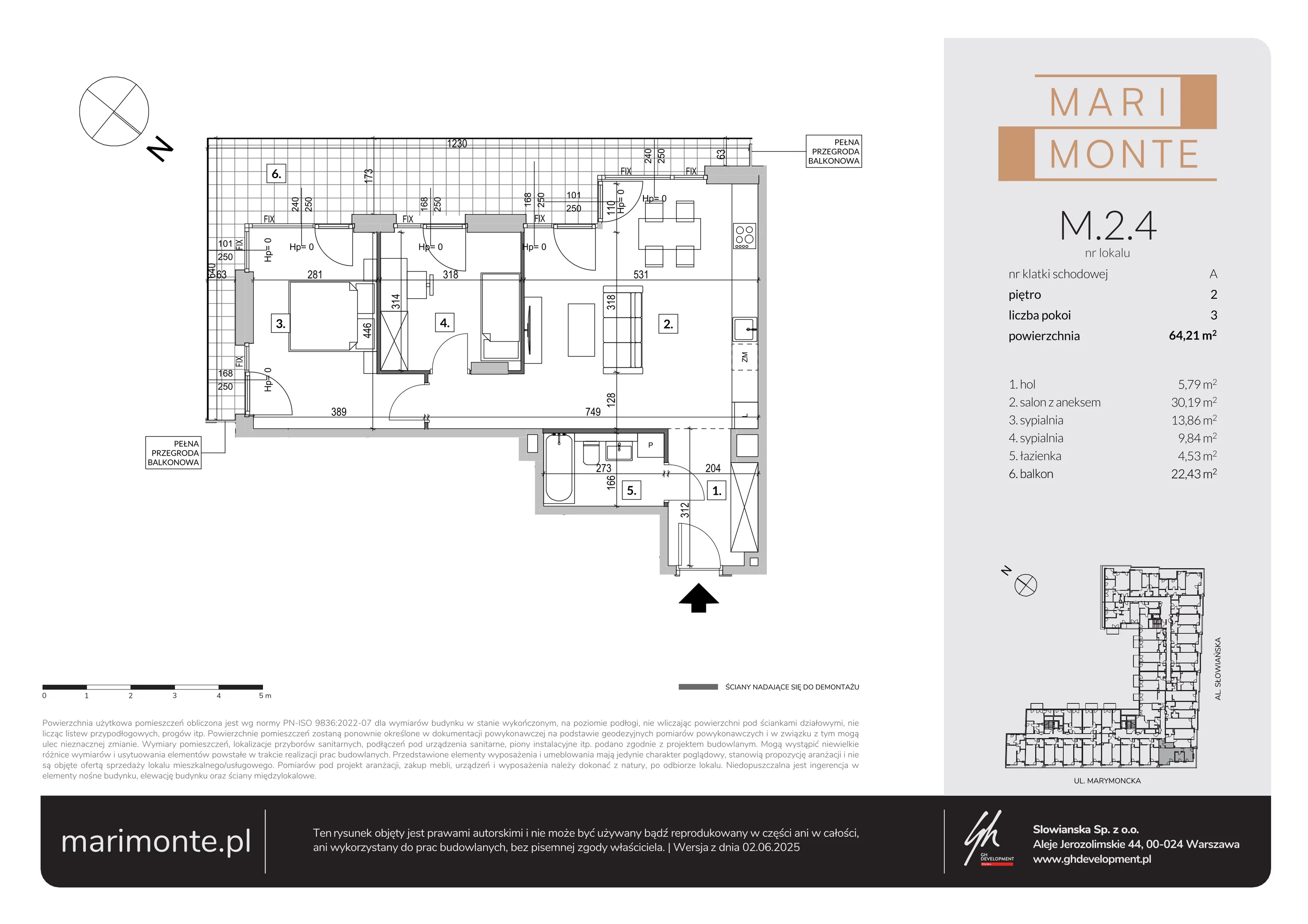 3 pokoje, apartament 64,21 m², piętro 2, oferta nr M.2.4, Marimonte - Apartamenty Mieszkalne, Warszawa, Bielany, Marymont-Kaskada, ul. Marymoncka 4