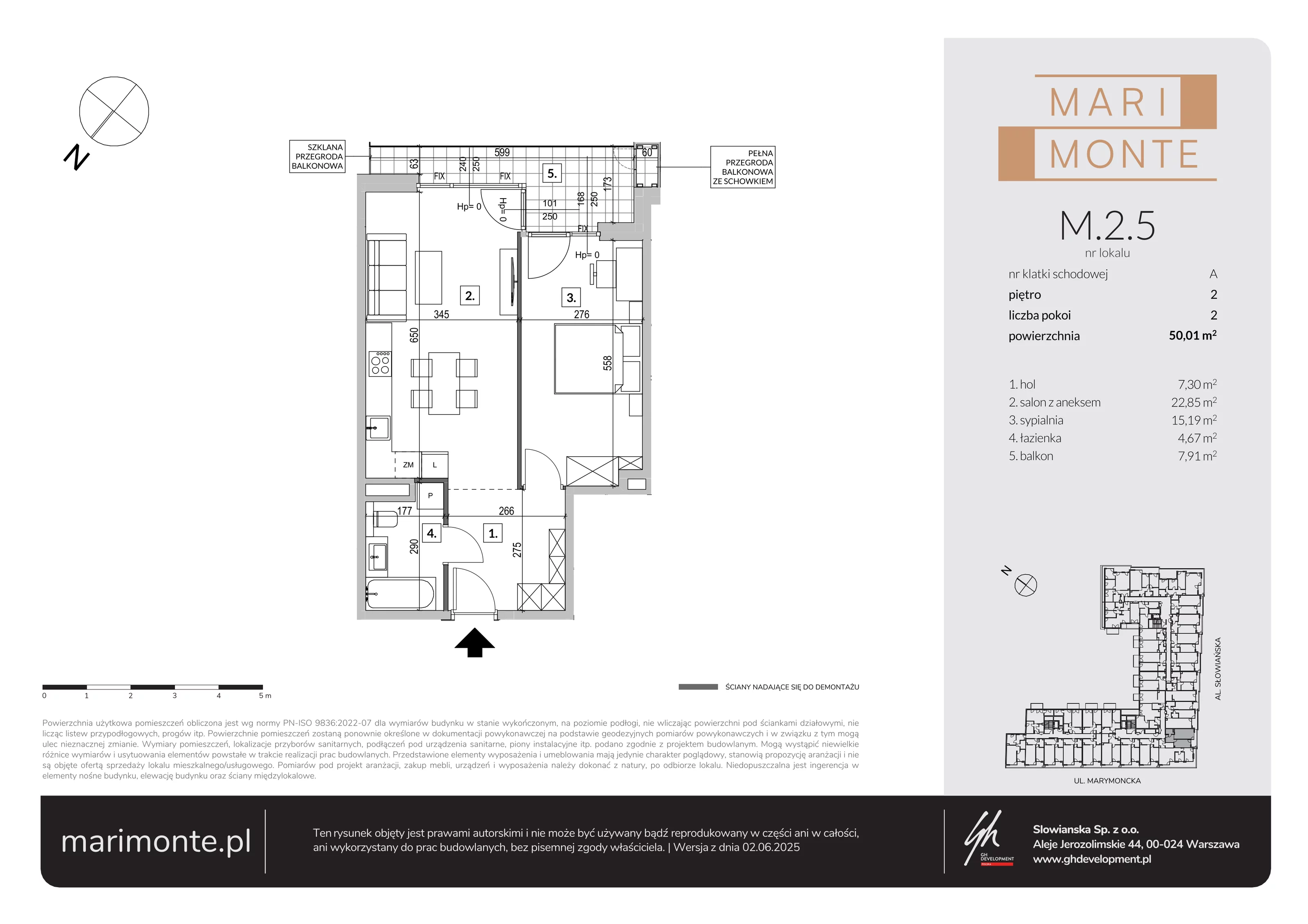 2 pokoje, apartament 50,01 m², piętro 2, oferta nr M.2.5, Marimonte - Apartamenty Mieszkalne, Warszawa, Bielany, Marymont-Kaskada, ul. Marymoncka 4