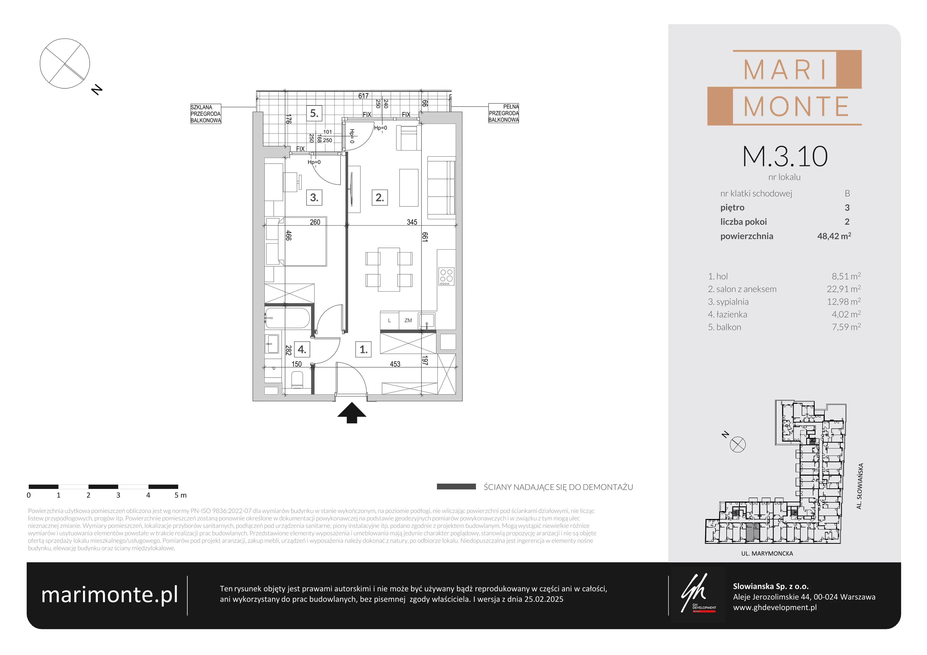 2 pokoje, apartament 48,42 m², piętro 3, oferta nr M.3.10, Marimonte - Apartamenty Mieszkalne, Warszawa, Bielany, Marymont-Kaskada, ul. Marymoncka 4