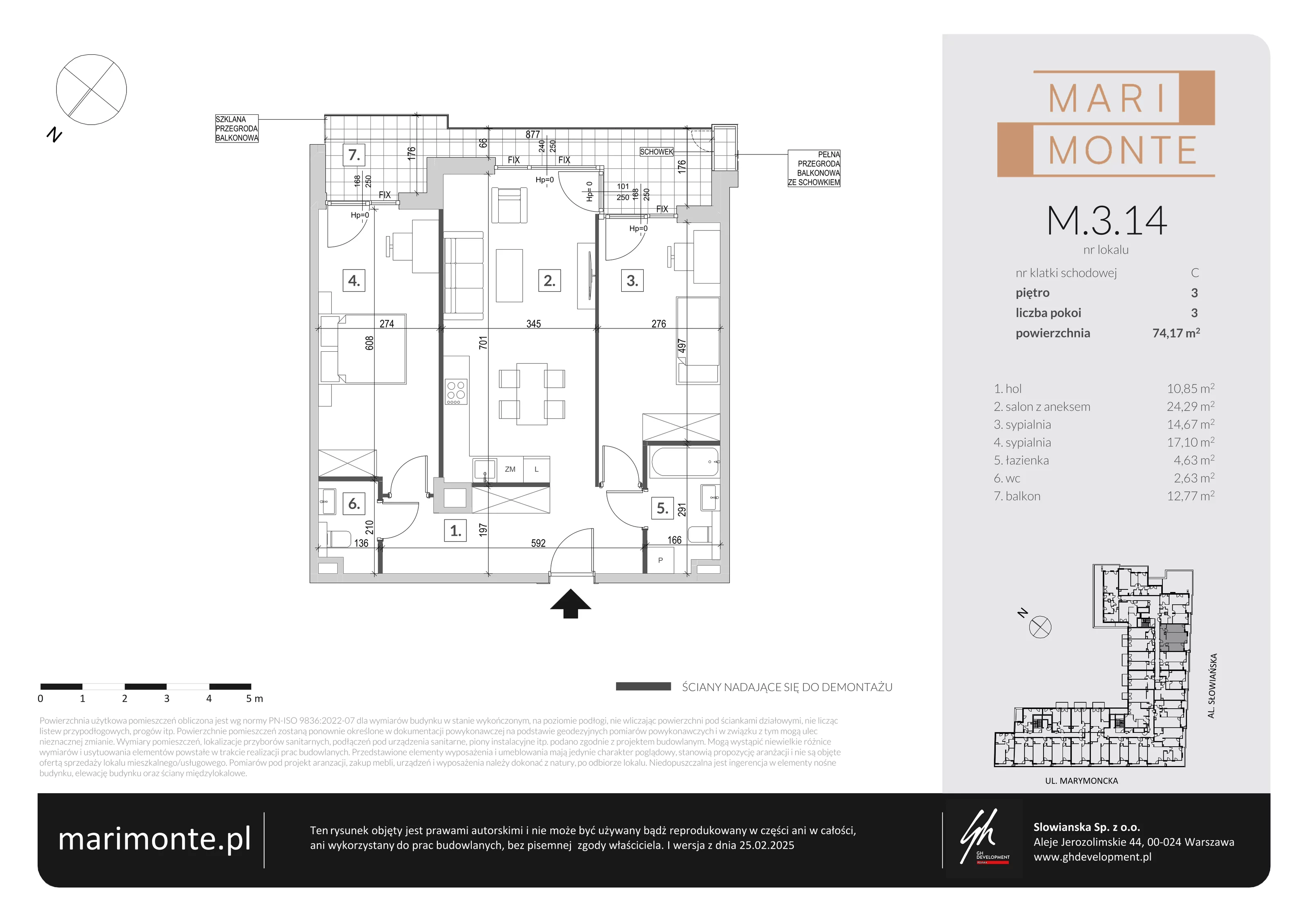 3 pokoje, apartament 74,17 m², piętro 3, oferta nr M.3.14, Marimonte - Apartamenty Mieszkalne, Warszawa, Bielany, Marymont-Kaskada, ul. Marymoncka 4