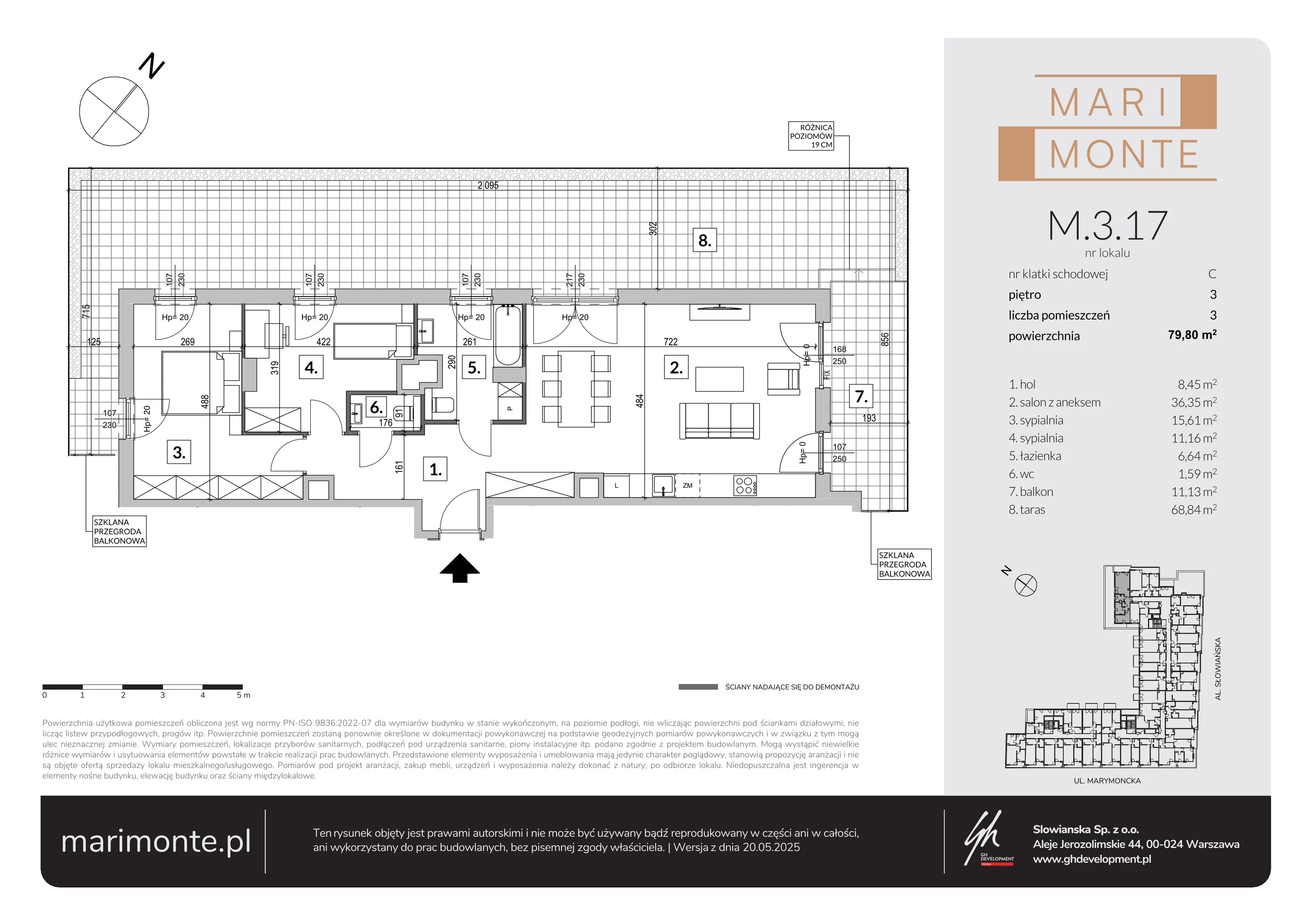 3 pokoje, apartament 79,78 m², piętro 3, oferta nr M.3.17, Marimonte - Apartamenty Mieszkalne, Warszawa, Bielany, Marymont-Kaskada, ul. Marymoncka 4