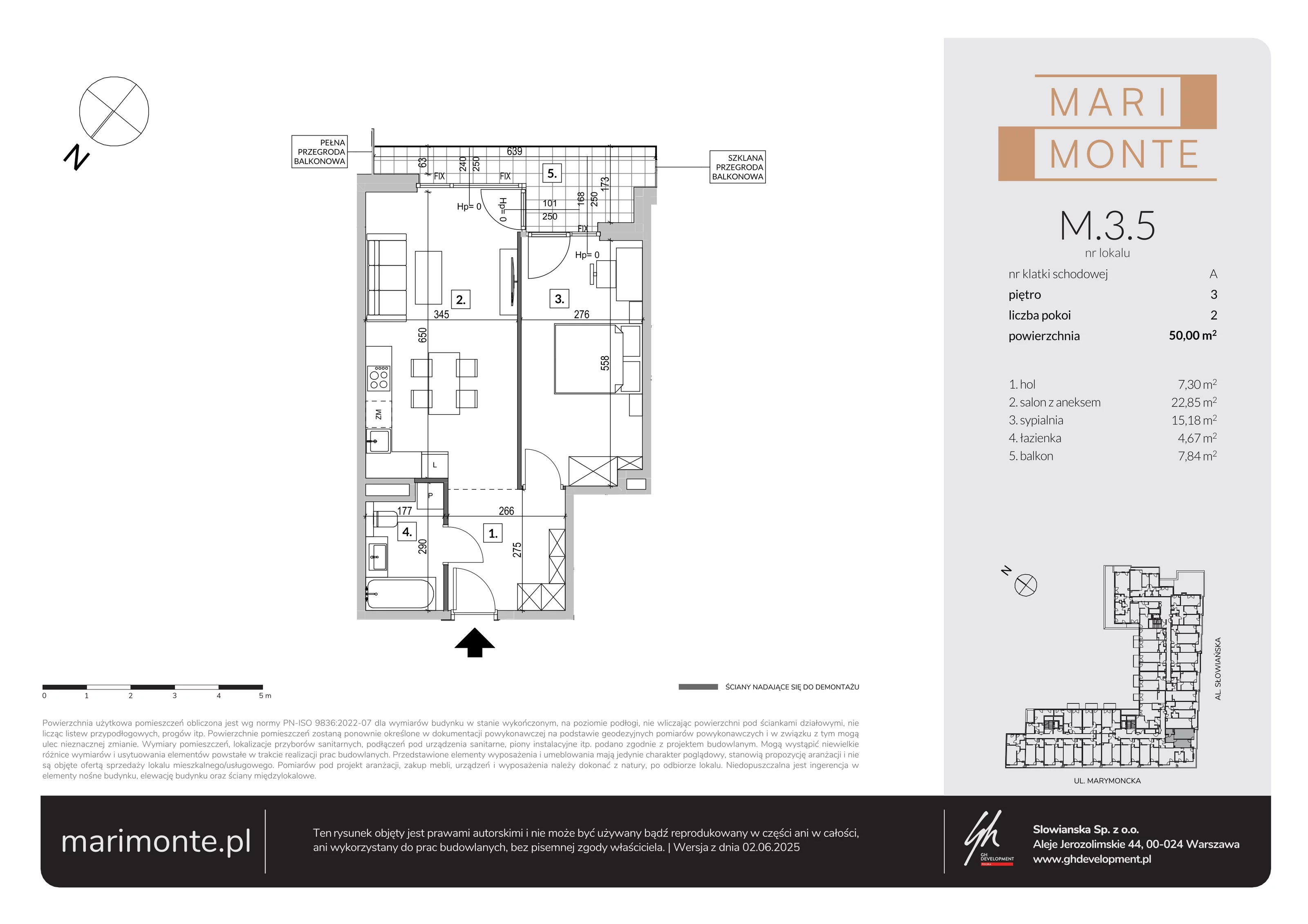 2 pokoje, apartament 50,00 m², piętro 3, oferta nr M.3.5, Marimonte - Apartamenty Mieszkalne, Warszawa, Bielany, Marymont-Kaskada, ul. Marymoncka 4