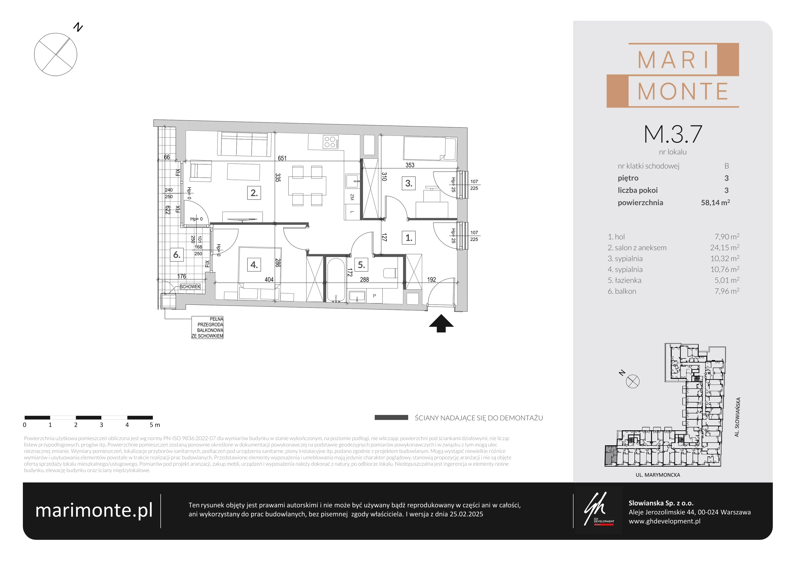 3 pokoje, apartament 58,14 m², piętro 3, oferta nr M.3.7, Marimonte - Apartamenty Mieszkalne, Warszawa, Bielany, Marymont-Kaskada, ul. Marymoncka 4