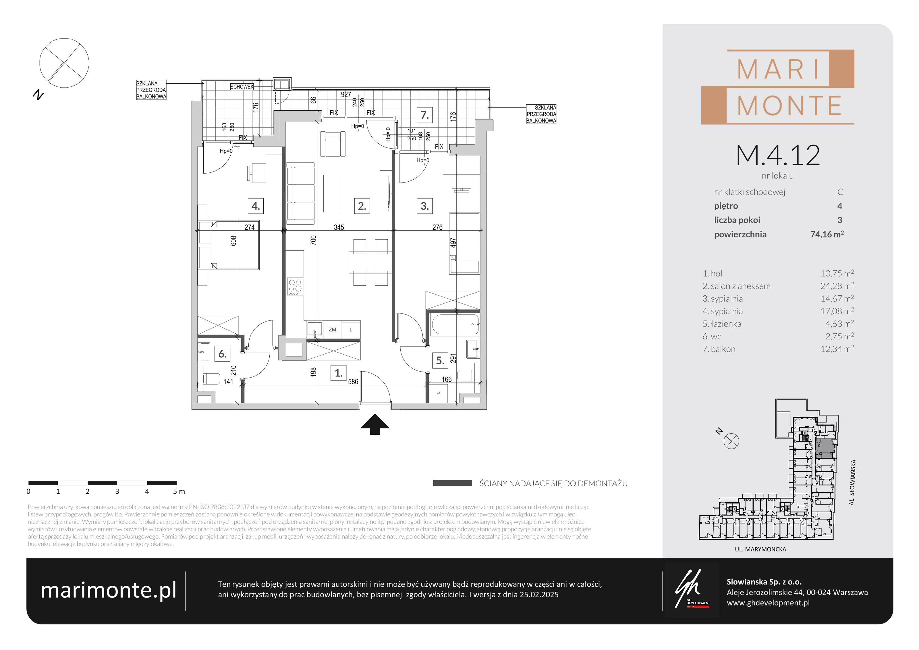 3 pokoje, apartament 74,16 m², piętro 4, oferta nr M.4.12, Marimonte - Apartamenty Mieszkalne, Warszawa, Bielany, Marymont-Kaskada, ul. Marymoncka 4
