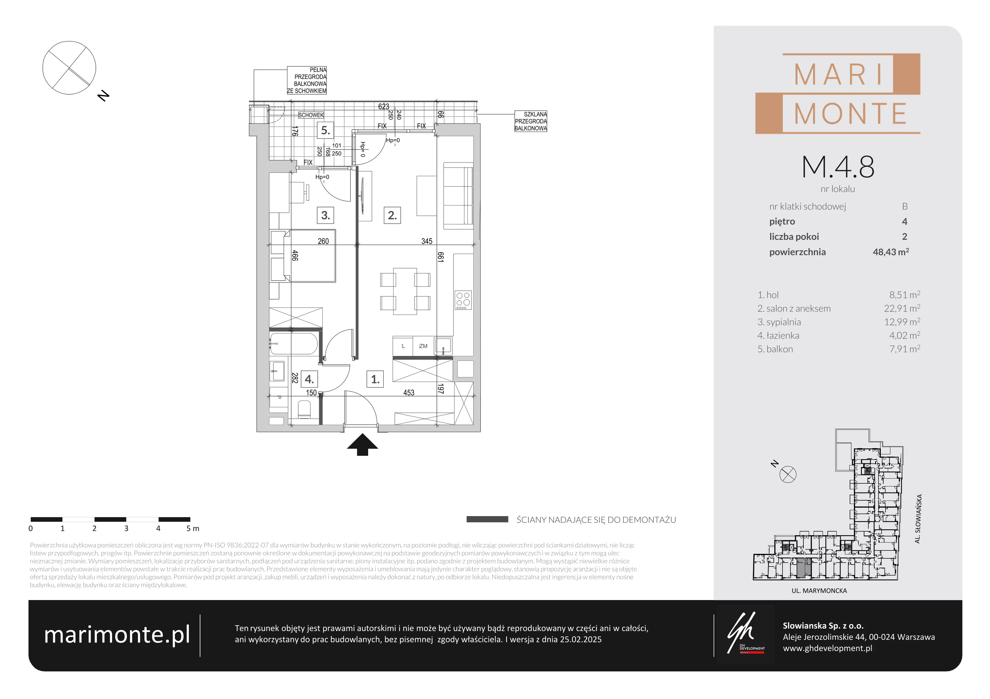 2 pokoje, apartament 48,43 m², piętro 4, oferta nr M.4.8, Marimonte - Apartamenty Mieszkalne, Warszawa, Bielany, Marymont-Kaskada, ul. Marymoncka 4