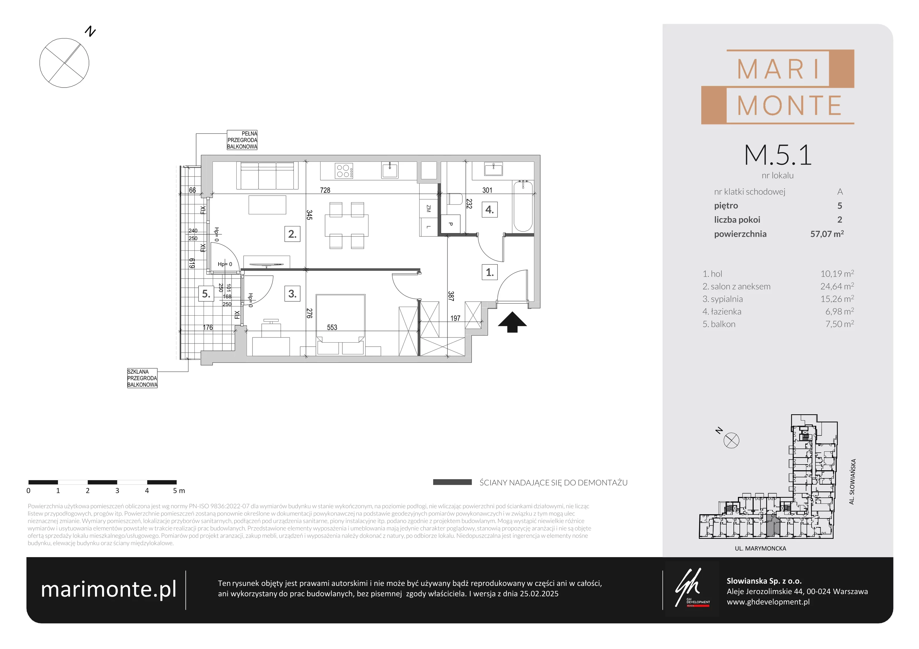 2 pokoje, apartament 57,07 m², piętro 5, oferta nr M.5.1, Marimonte - Apartamenty Mieszkalne, Warszawa, Bielany, Marymont-Kaskada, ul. Marymoncka 4