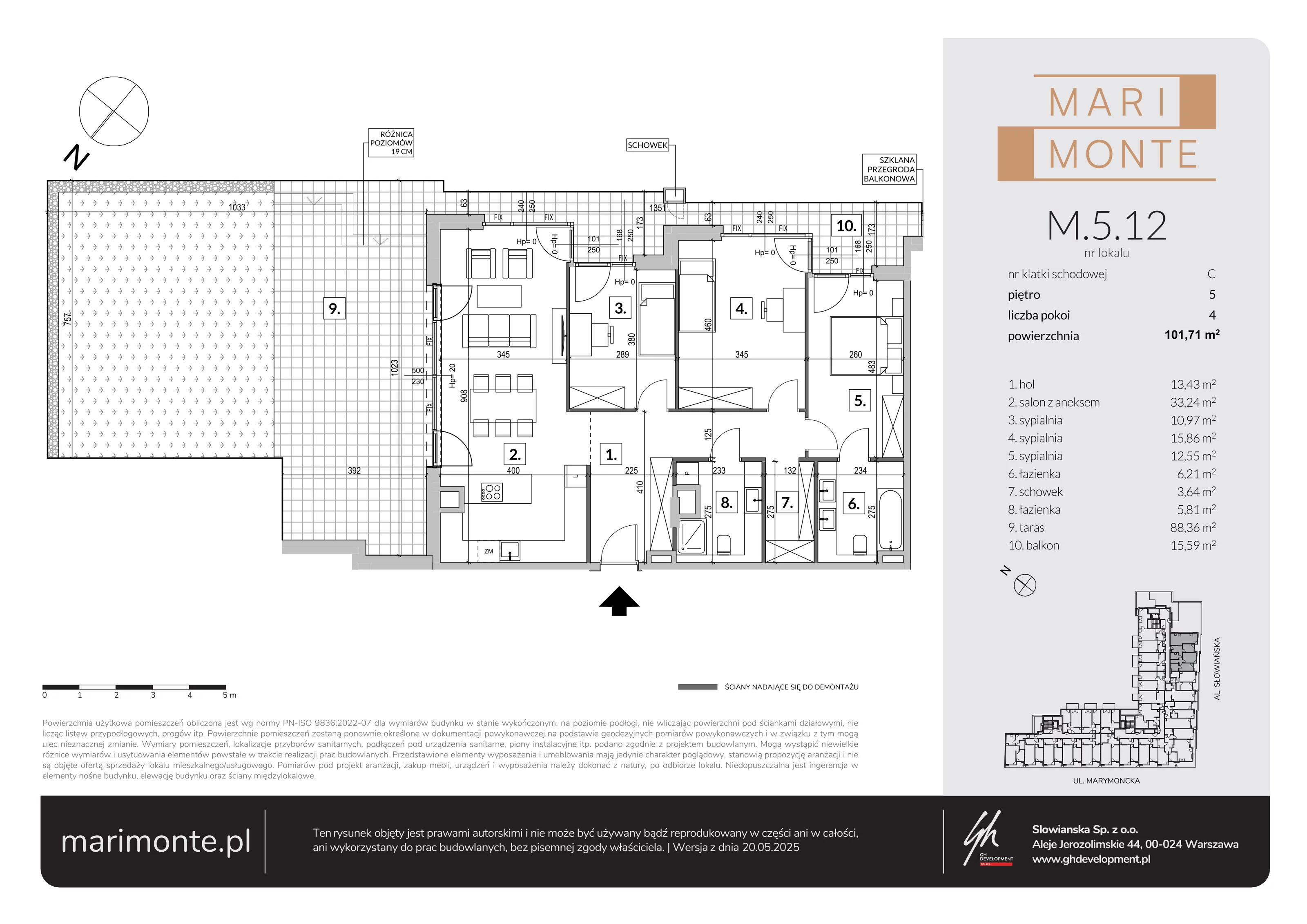 4 pokoje, apartament 101,71 m², piętro 5, oferta nr M.5.12, Marimonte - Apartamenty Mieszkalne, Warszawa, Bielany, Marymont-Kaskada, ul. Marymoncka 4