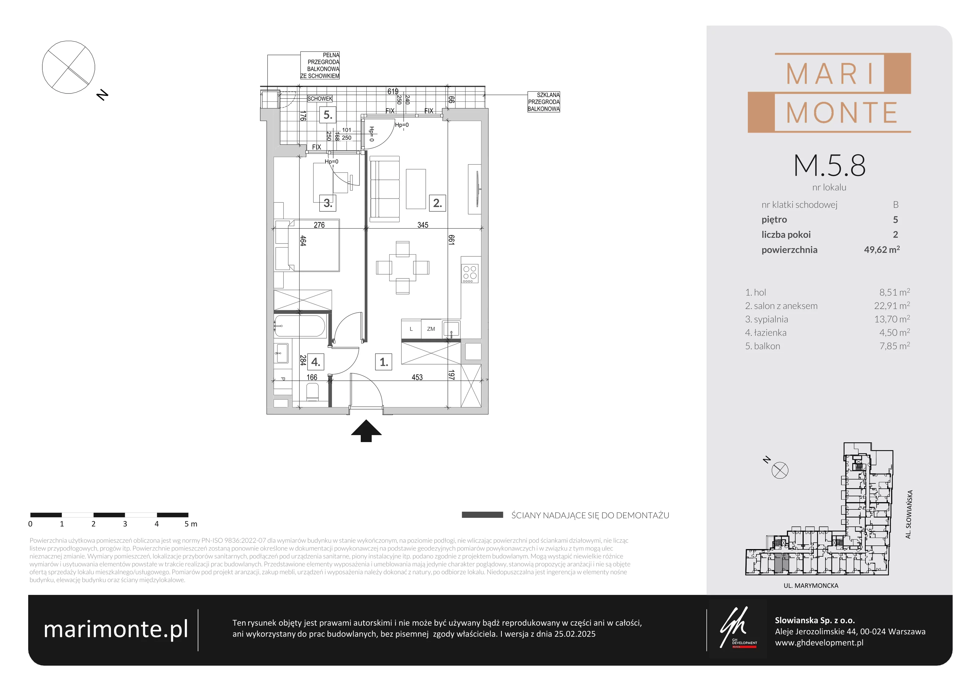 2 pokoje, apartament 49,62 m², piętro 5, oferta nr M.5.8, Marimonte - Apartamenty Mieszkalne, Warszawa, Bielany, Marymont-Kaskada, ul. Marymoncka 4