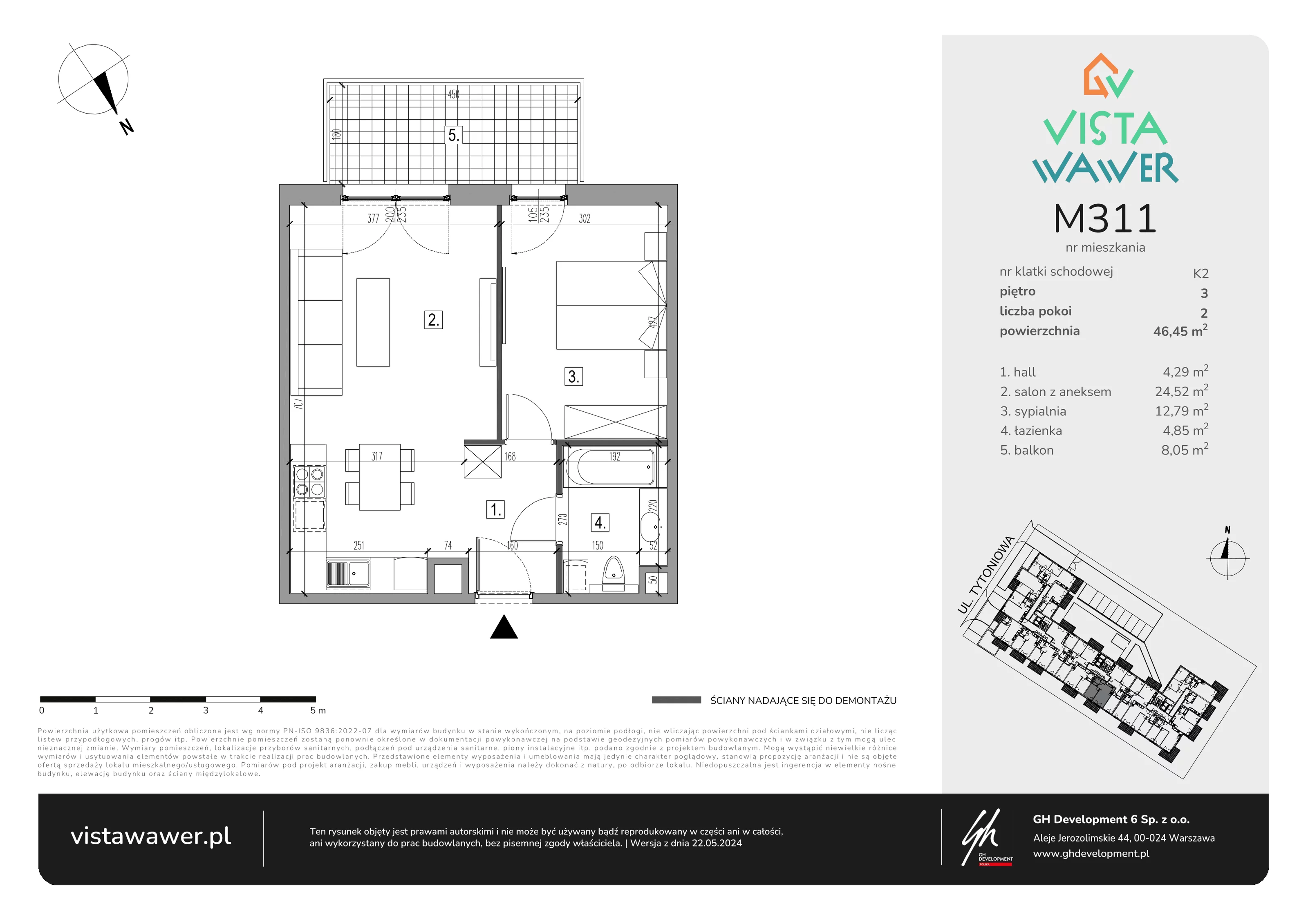 2 pokoje, mieszkanie 46,45 m², piętro 3, oferta nr M311, Vista Wawer, Warszawa, Wawer, Gocławek, ul. Tytoniowa 20
