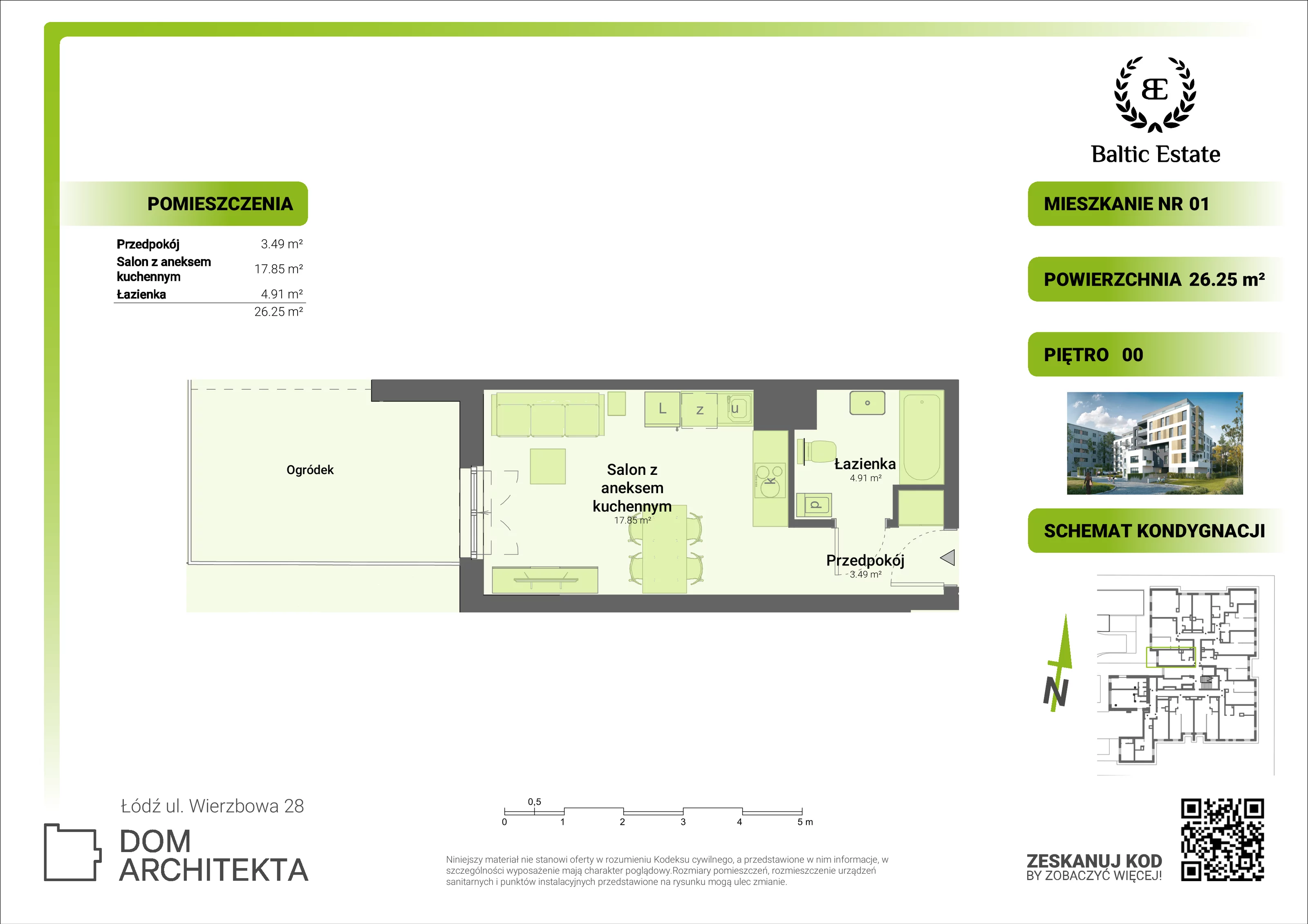 Mieszkanie 26,52 m², parter, oferta nr 00.M.01, Dom Architekta , Łódź, Śródmieście, Śródmieście, ul. Wierzbowa 28