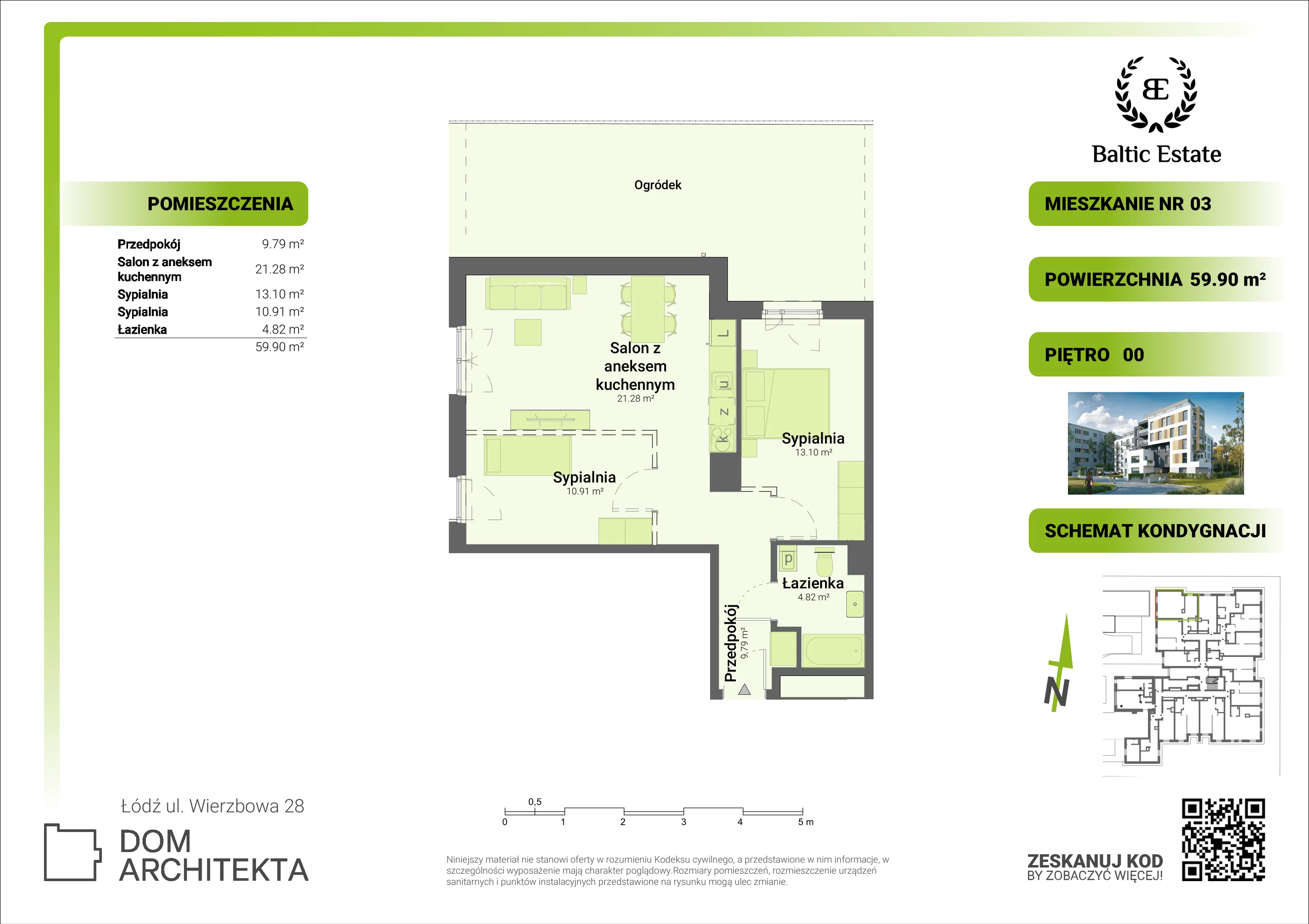 Mieszkanie 59,89 m², parter, oferta nr 00.M.03, Dom Architekta , Łódź, Śródmieście, Śródmieście, ul. Wierzbowa 28