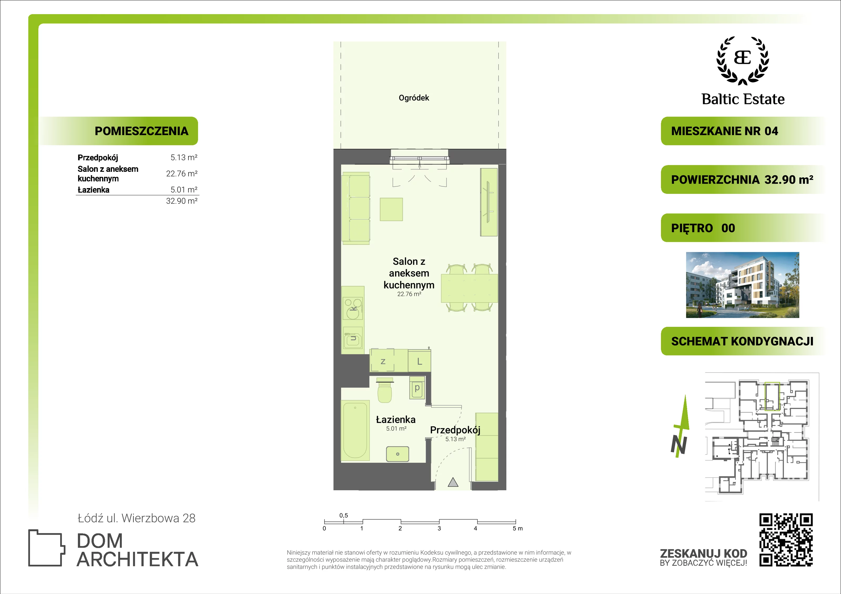 Mieszkanie 32,90 m², parter, oferta nr 00.M.04, Dom Architekta , Łódź, Śródmieście, Śródmieście, ul. Wierzbowa 28