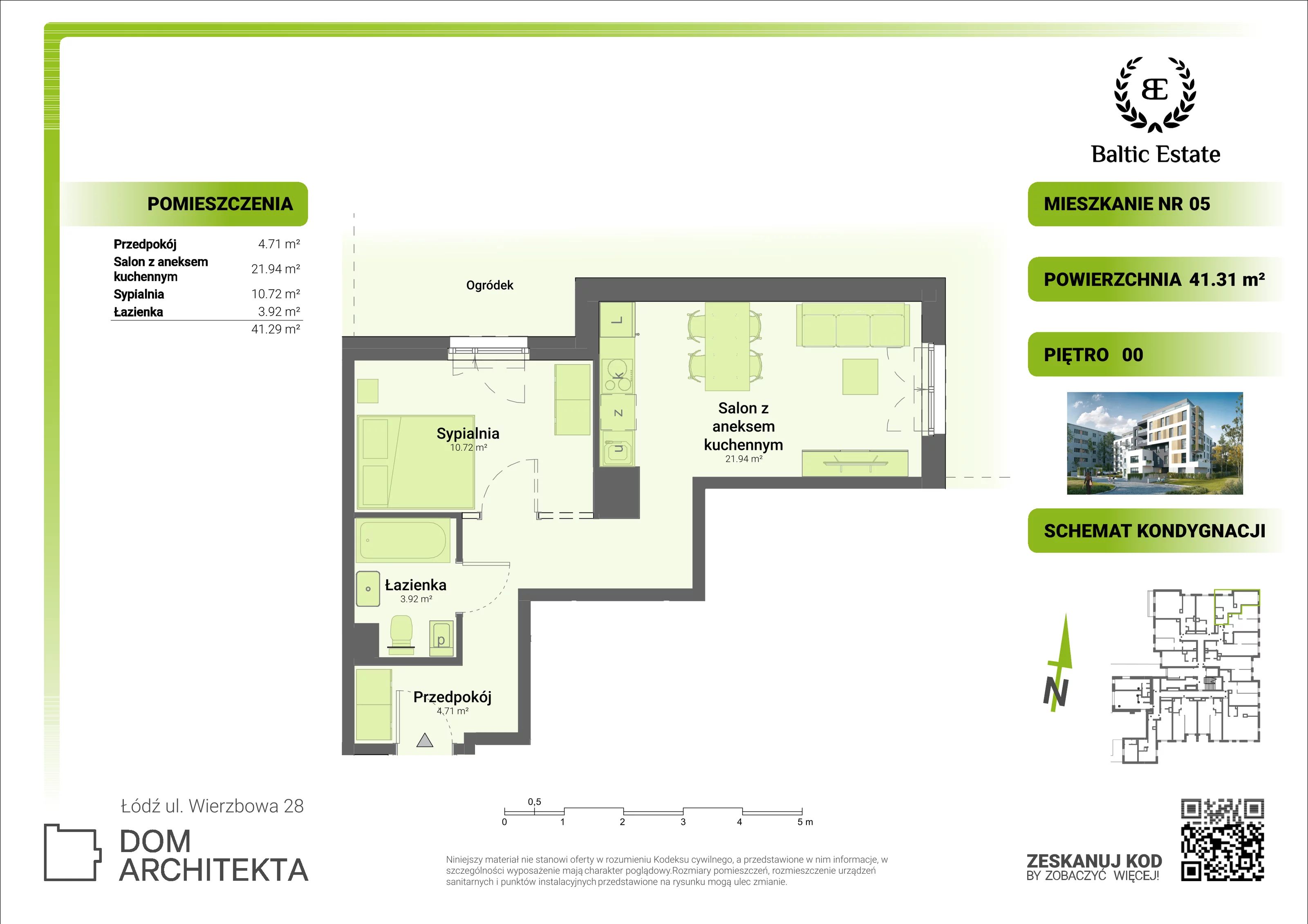 Mieszkanie 41,31 m², parter, oferta nr 00.M.05, Dom Architekta , Łódź, Śródmieście, Śródmieście, ul. Wierzbowa 28