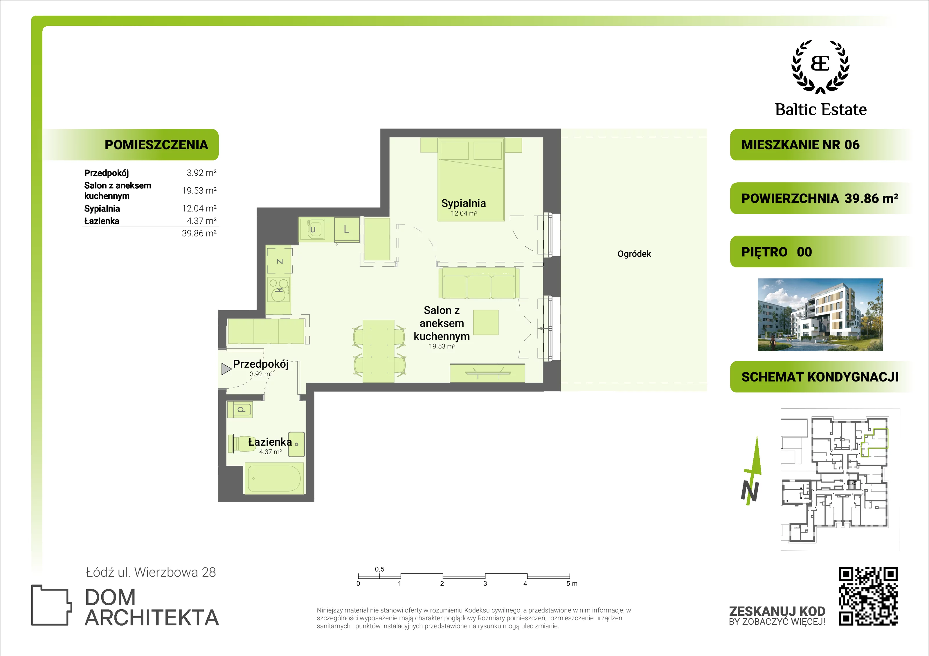 Mieszkanie 39,86 m², parter, oferta nr 00.M.06, Dom Architekta , Łódź, Śródmieście, Śródmieście, ul. Wierzbowa 28