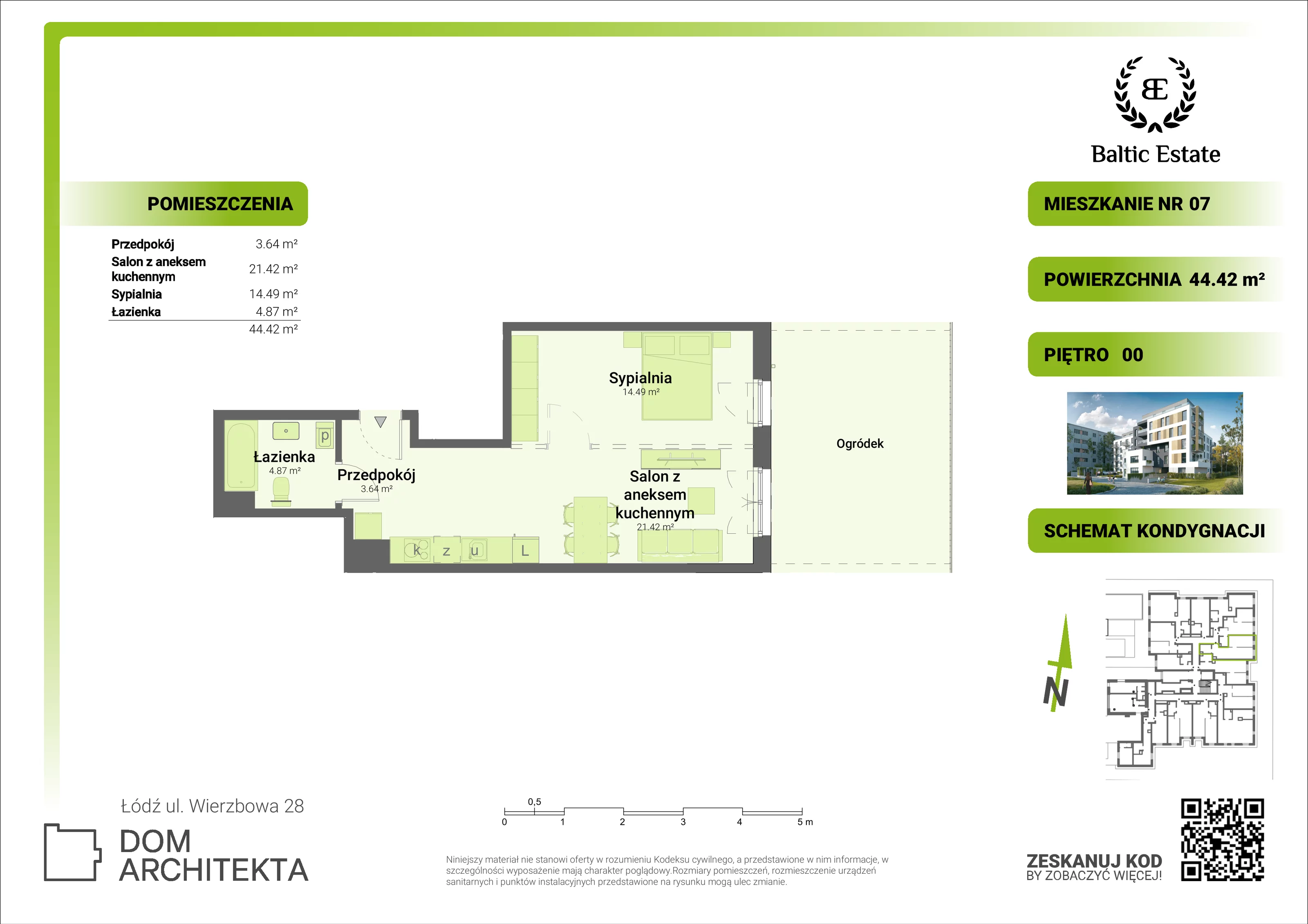 Mieszkanie 44,42 m², parter, oferta nr 00.M.07, Dom Architekta , Łódź, Śródmieście, Śródmieście, ul. Wierzbowa 28