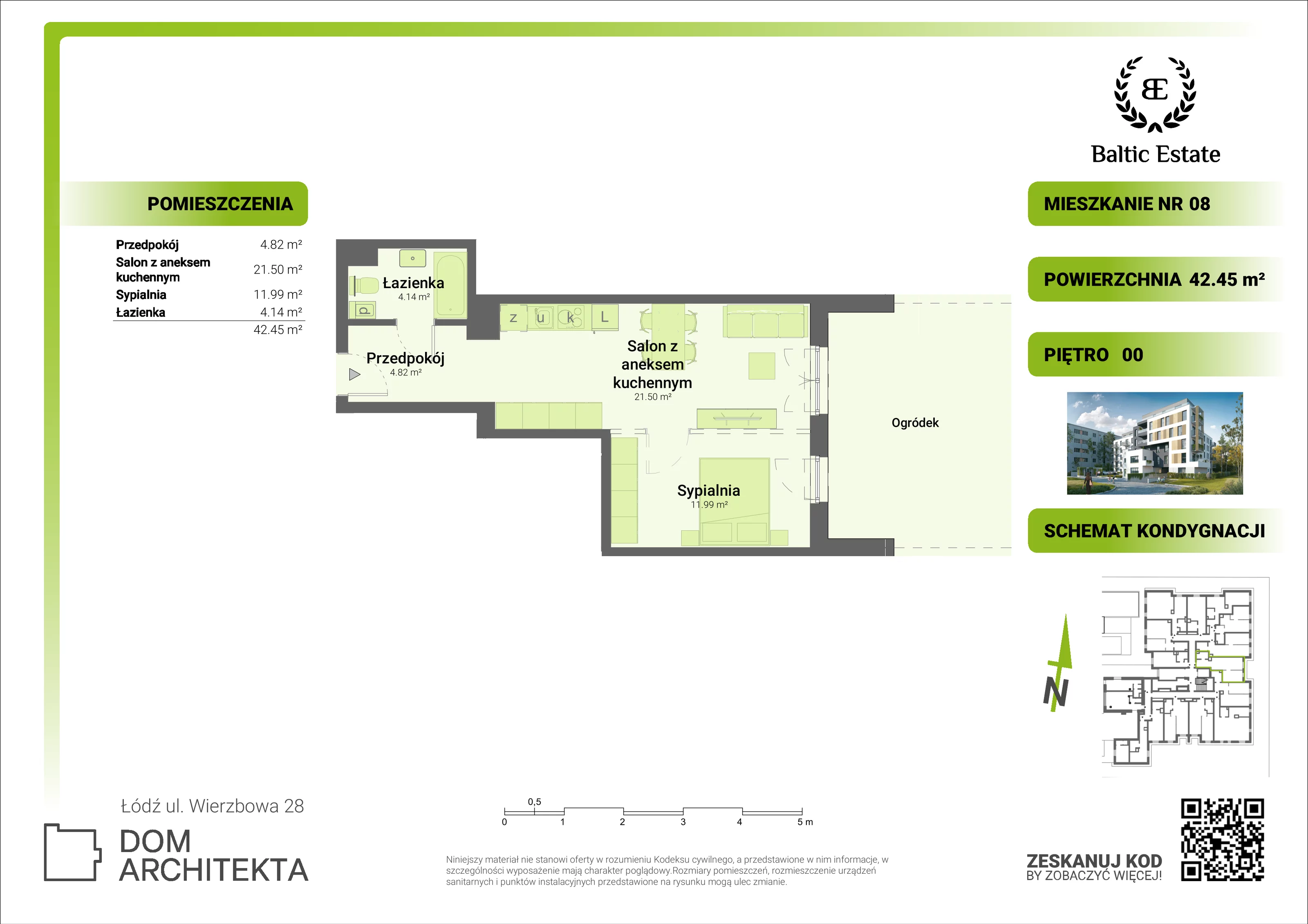 Mieszkanie 42,45 m², parter, oferta nr 00.M.08, Dom Architekta , Łódź, Śródmieście, Śródmieście, ul. Wierzbowa 28