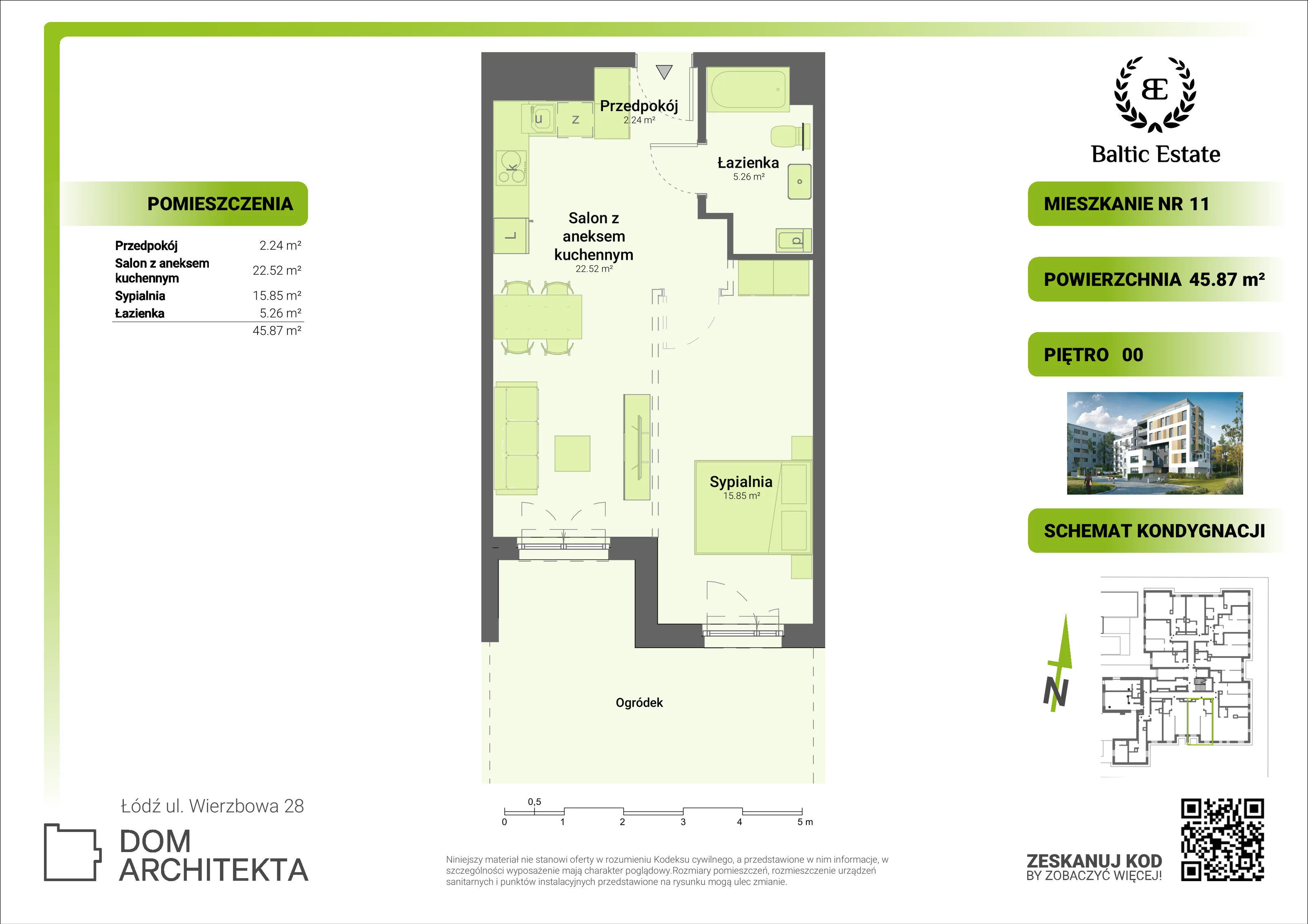 Mieszkanie 45,87 m², parter, oferta nr 00.M.11, Dom Architekta , Łódź, Śródmieście, Śródmieście, ul. Wierzbowa 28