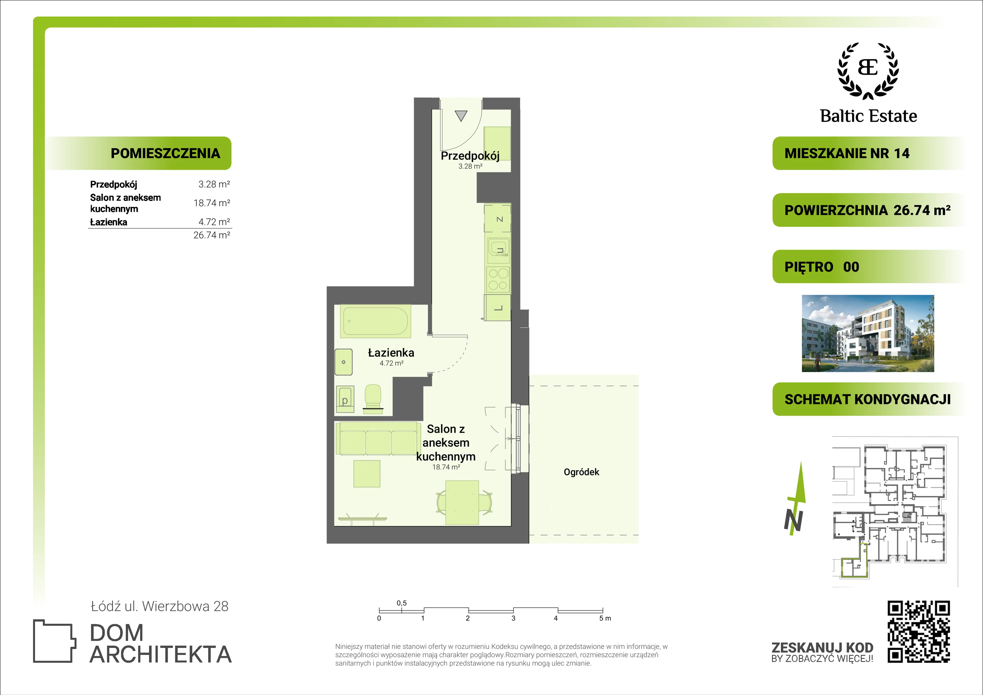 Mieszkanie 26,74 m², parter, oferta nr 00.M.14, Dom Architekta , Łódź, Śródmieście, Śródmieście, ul. Wierzbowa 28