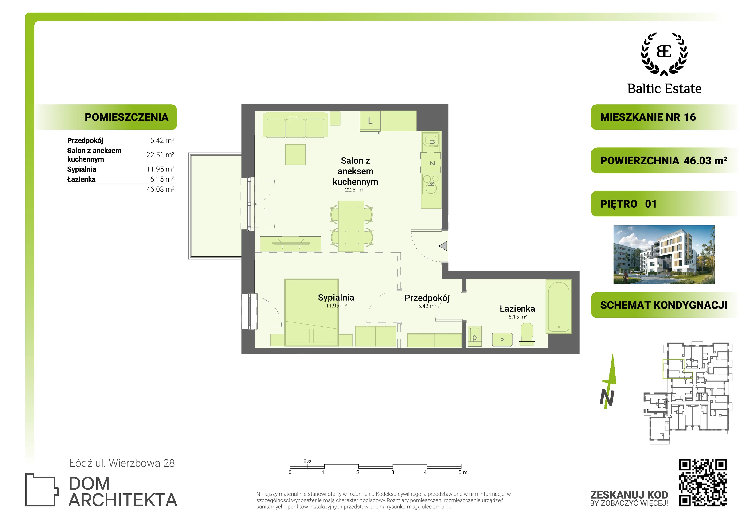 Mieszkanie 46,03 m², piętro 1, oferta nr 01.M.16, Dom Architekta , Łódź, Śródmieście, Śródmieście, ul. Wierzbowa 28