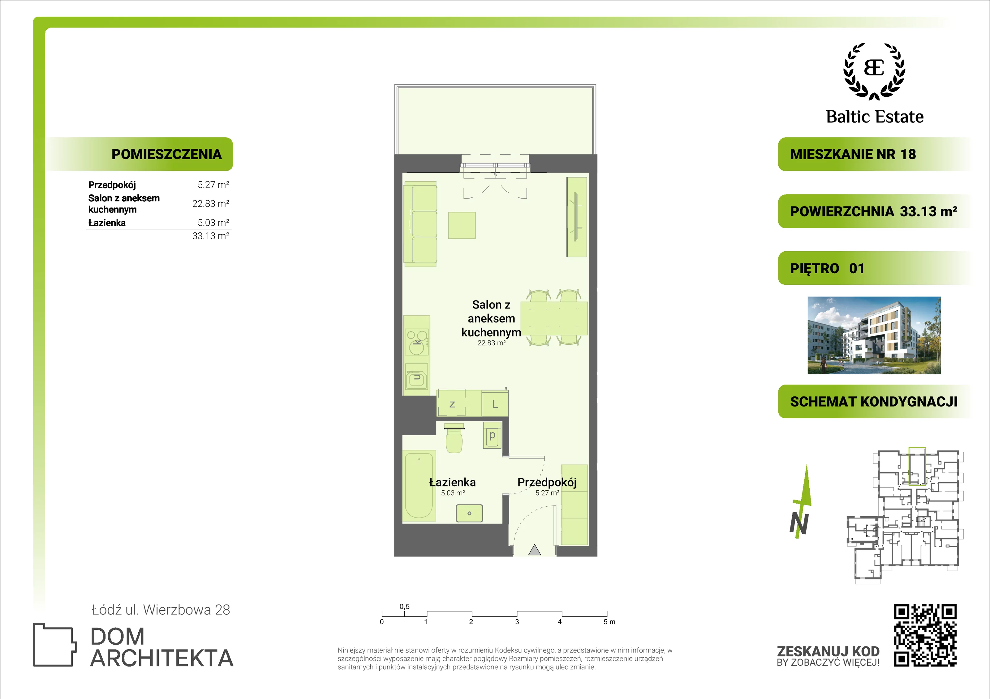 Mieszkanie 33,13 m², piętro 1, oferta nr 01.M.18, Dom Architekta , Łódź, Śródmieście, Śródmieście, ul. Wierzbowa 28