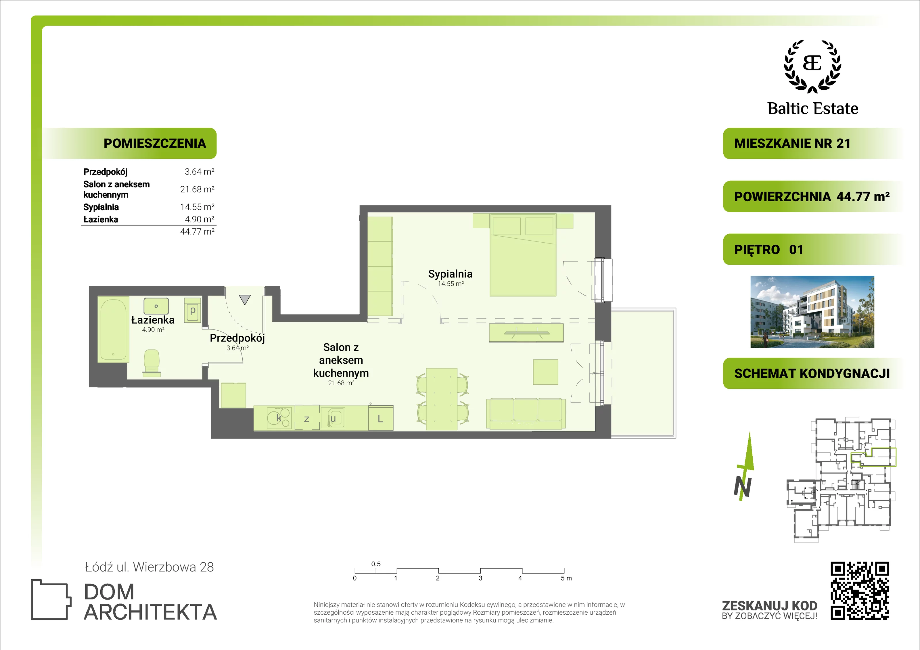 Mieszkanie 44,77 m², piętro 1, oferta nr 01.M.21, Dom Architekta , Łódź, Śródmieście, Śródmieście, ul. Wierzbowa 28