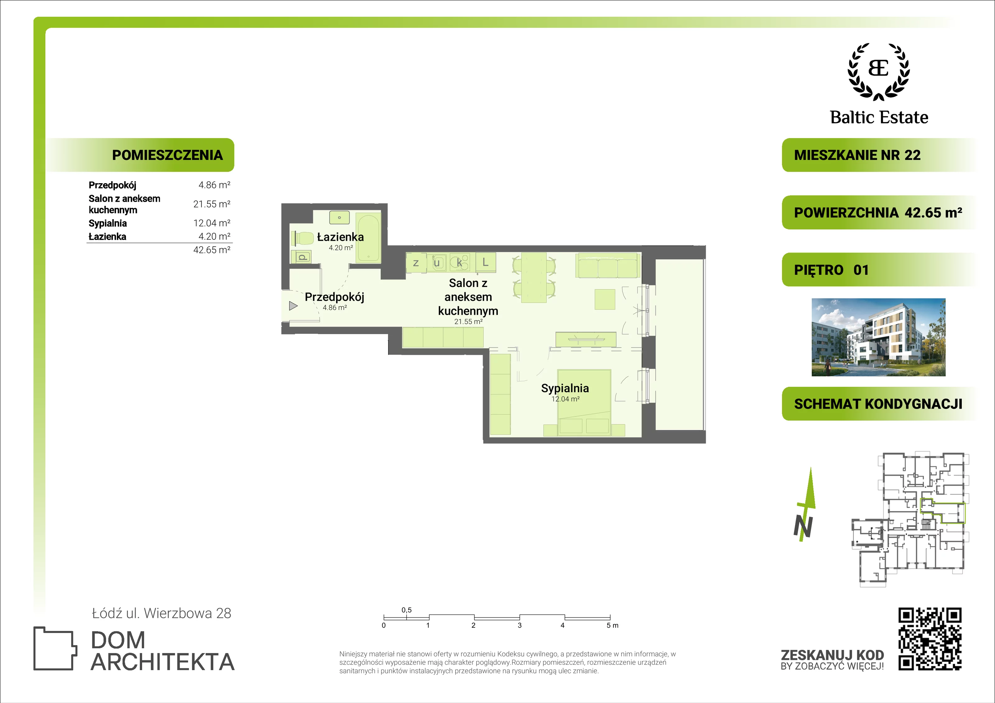 Mieszkanie 42,65 m², piętro 1, oferta nr 01.M.22, Dom Architekta , Łódź, Śródmieście, Śródmieście, ul. Wierzbowa 28