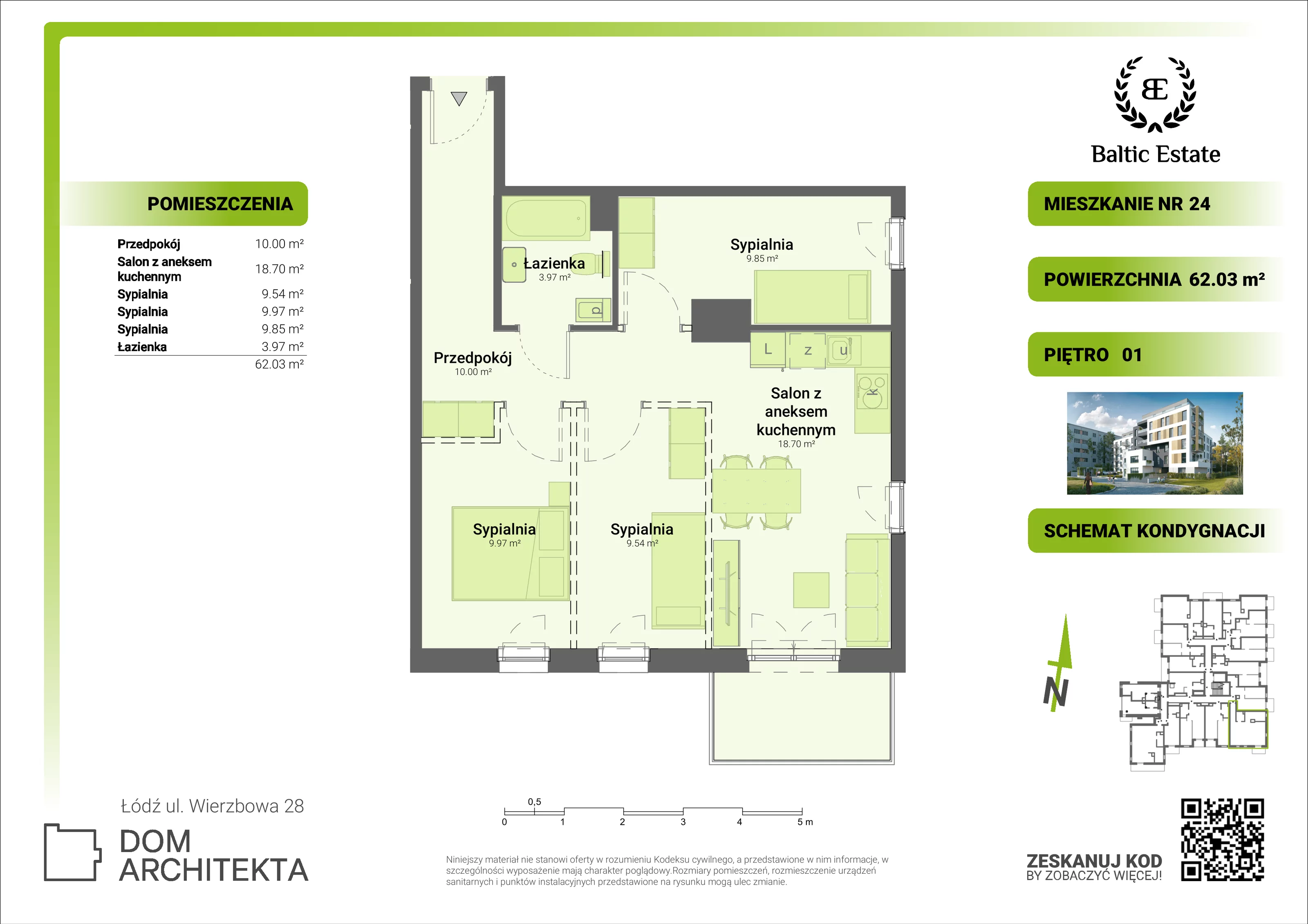 Mieszkanie 62,03 m², piętro 1, oferta nr 01.M.24, Dom Architekta , Łódź, Śródmieście, Śródmieście, ul. Wierzbowa 28-idx