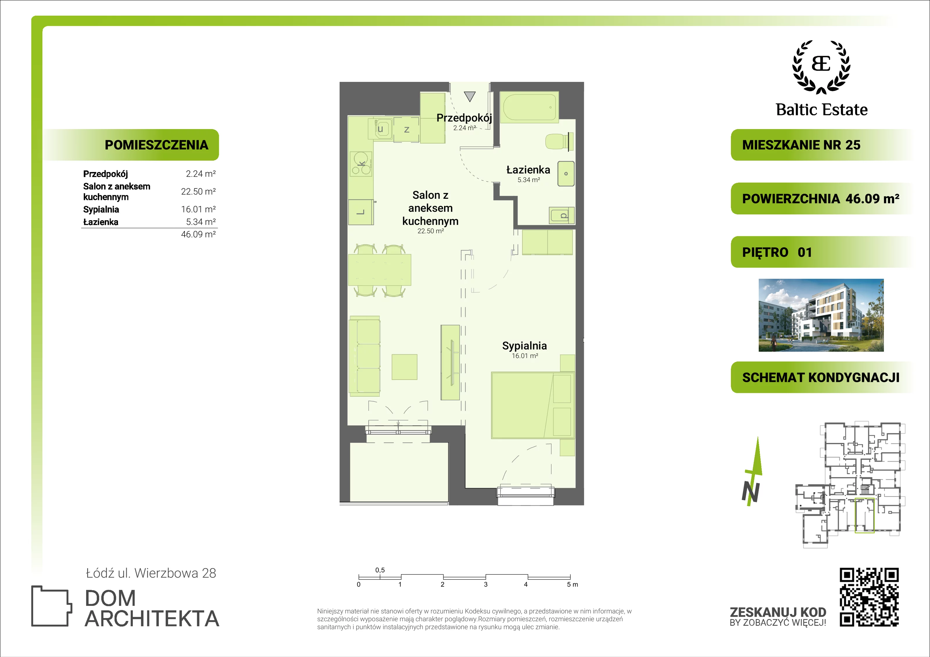 Mieszkanie 46,09 m², piętro 1, oferta nr 01.M.25, Dom Architekta , Łódź, Śródmieście, Śródmieście, ul. Wierzbowa 28