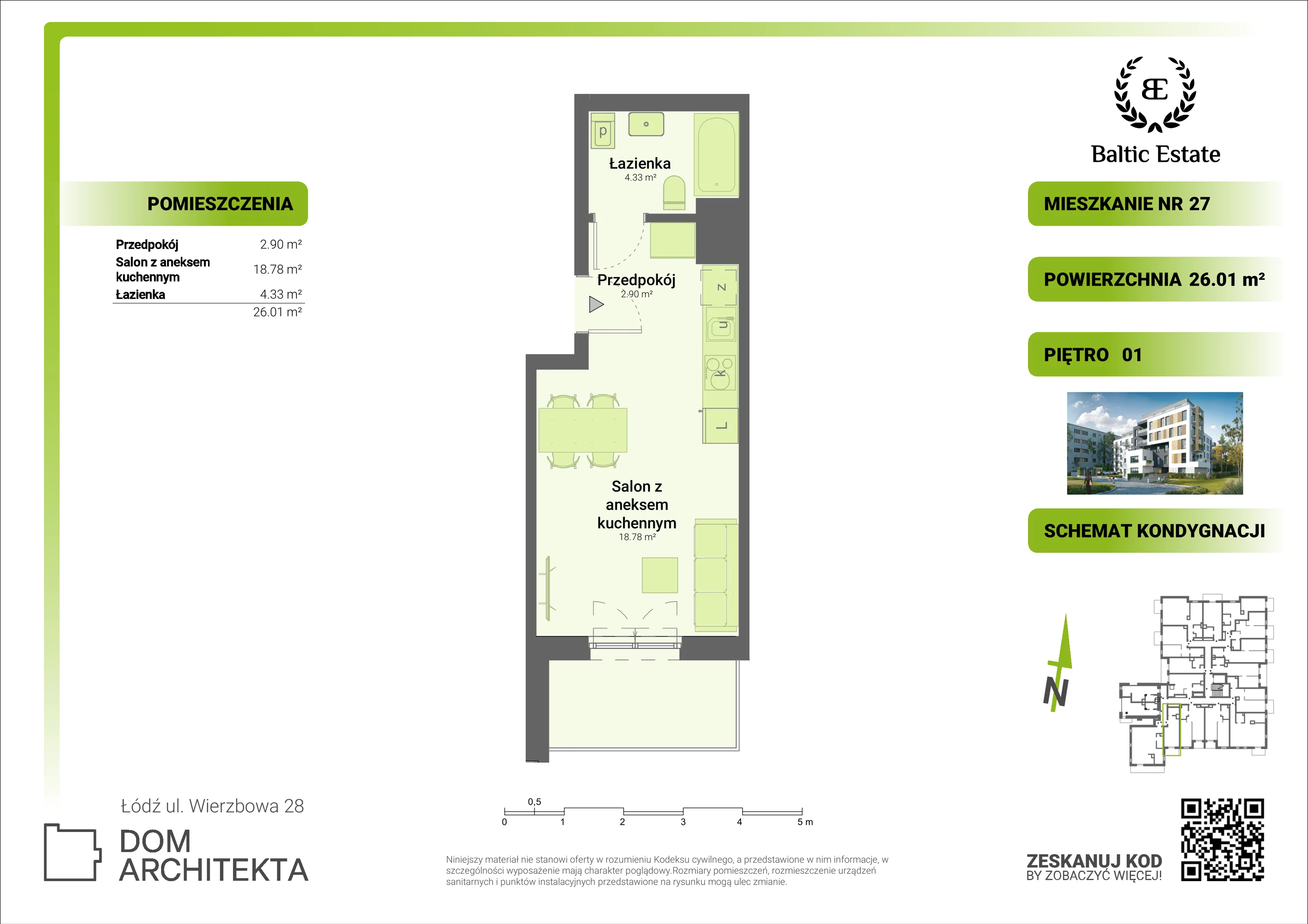 Mieszkanie 26,01 m², piętro 1, oferta nr 01.M.27, Dom Architekta , Łódź, Śródmieście, Śródmieście, ul. Wierzbowa 28