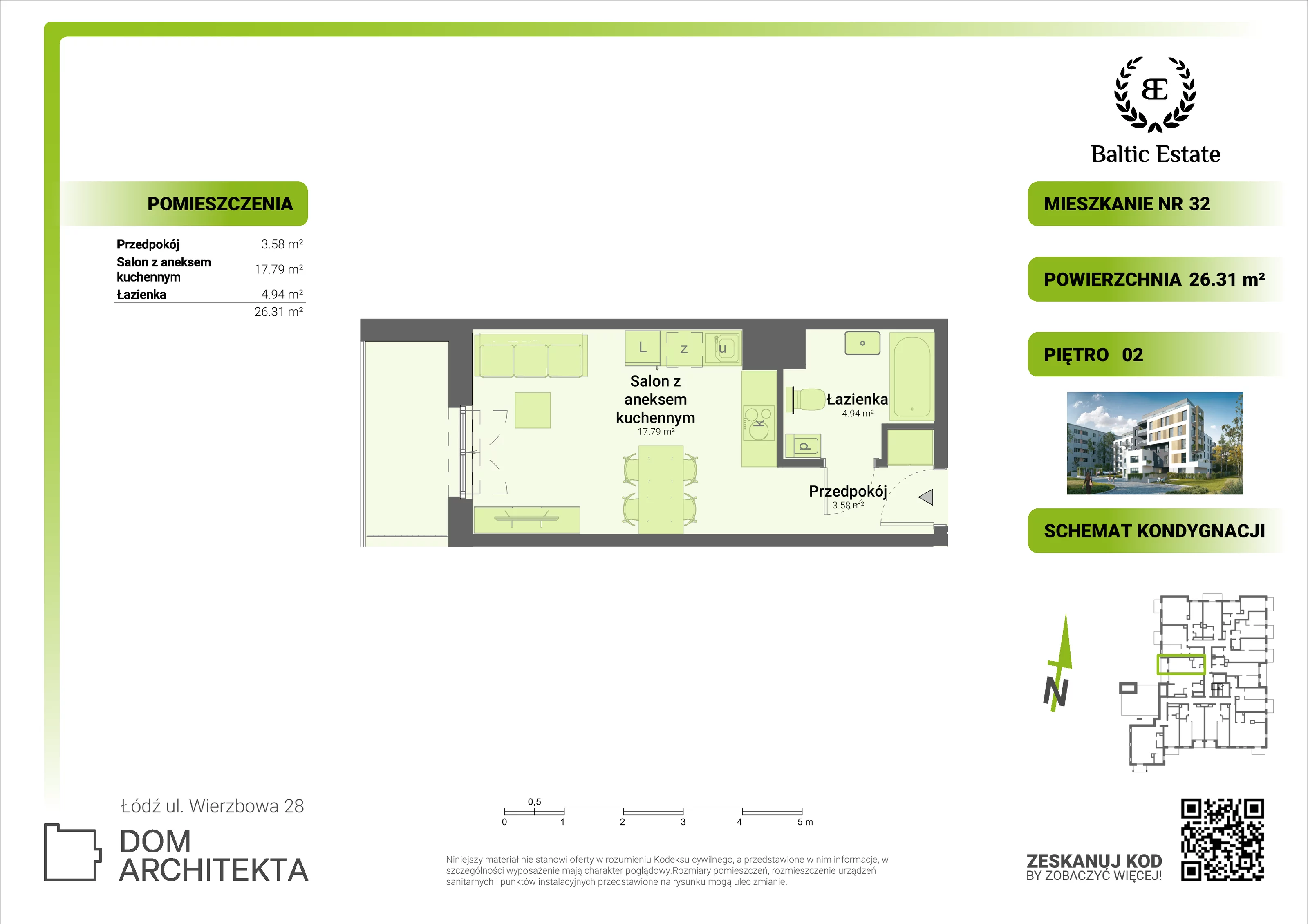 Mieszkanie 26,31 m², piętro 2, oferta nr 02.M.32, Dom Architekta , Łódź, Śródmieście, Śródmieście, ul. Wierzbowa 28