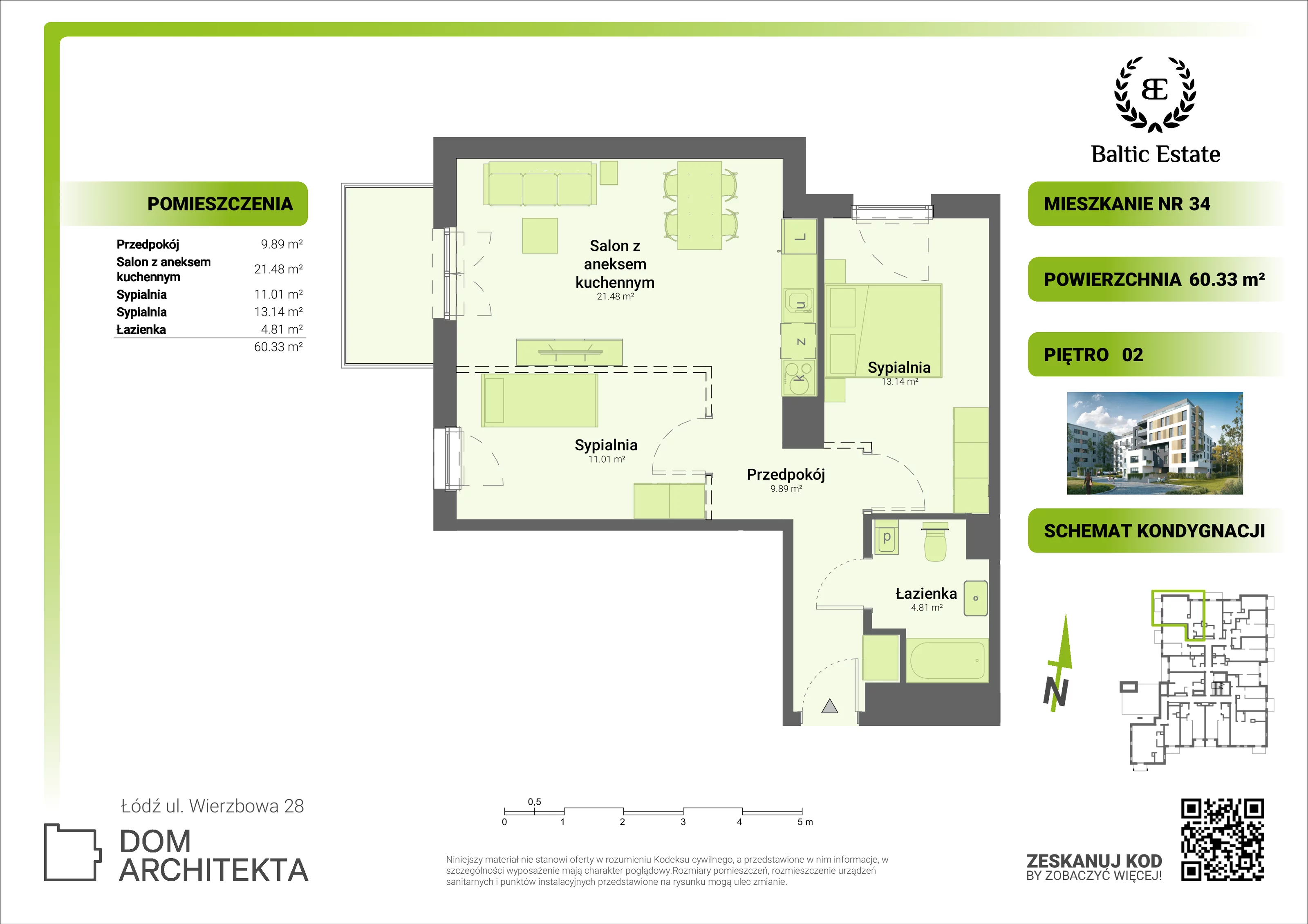 Mieszkanie 60,33 m², piętro 2, oferta nr 02.M.34, Dom Architekta , Łódź, Śródmieście, Śródmieście, ul. Wierzbowa 28