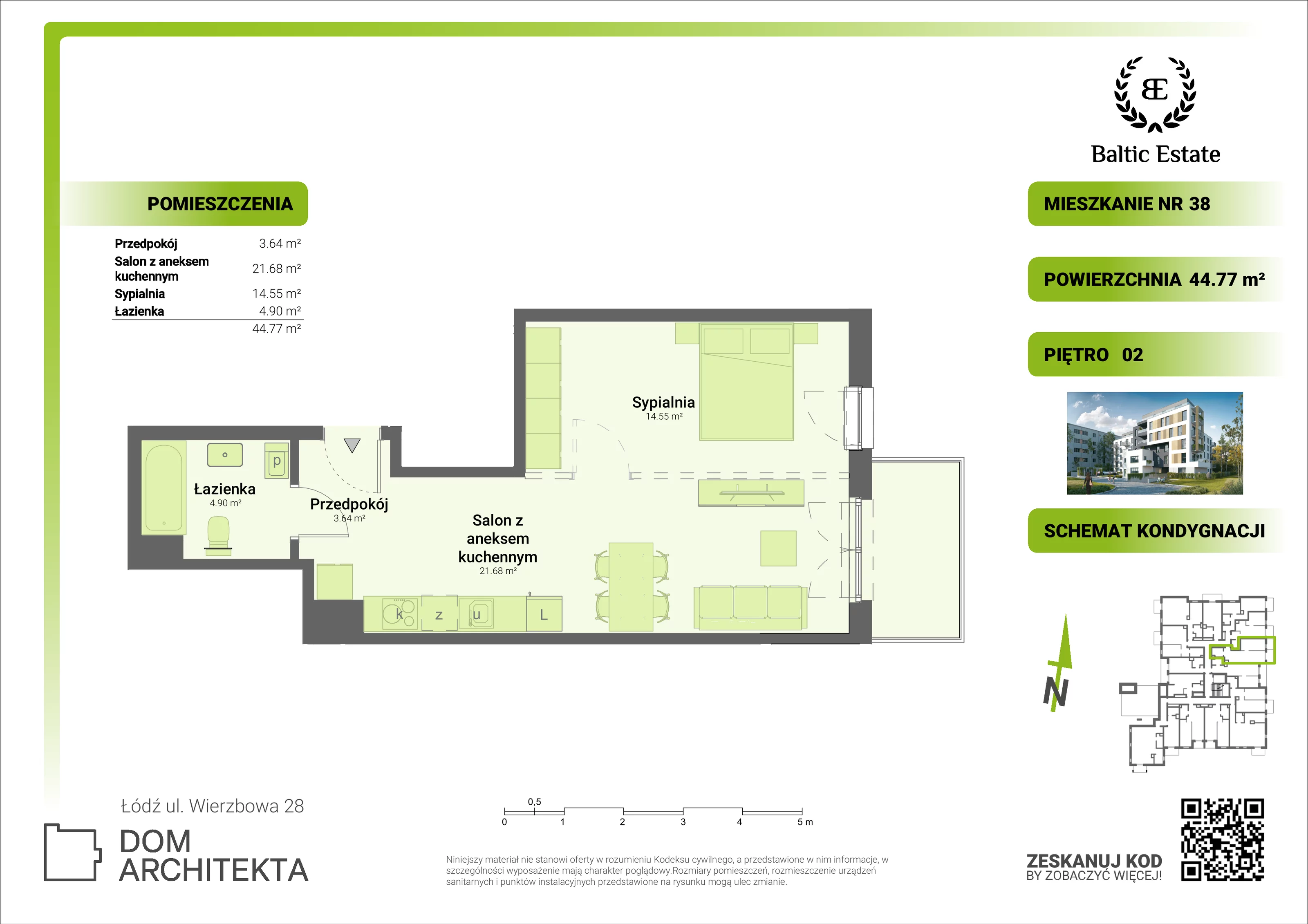 Mieszkanie 44,77 m², piętro 2, oferta nr 02.M.38, Dom Architekta , Łódź, Śródmieście, Śródmieście, ul. Wierzbowa 28