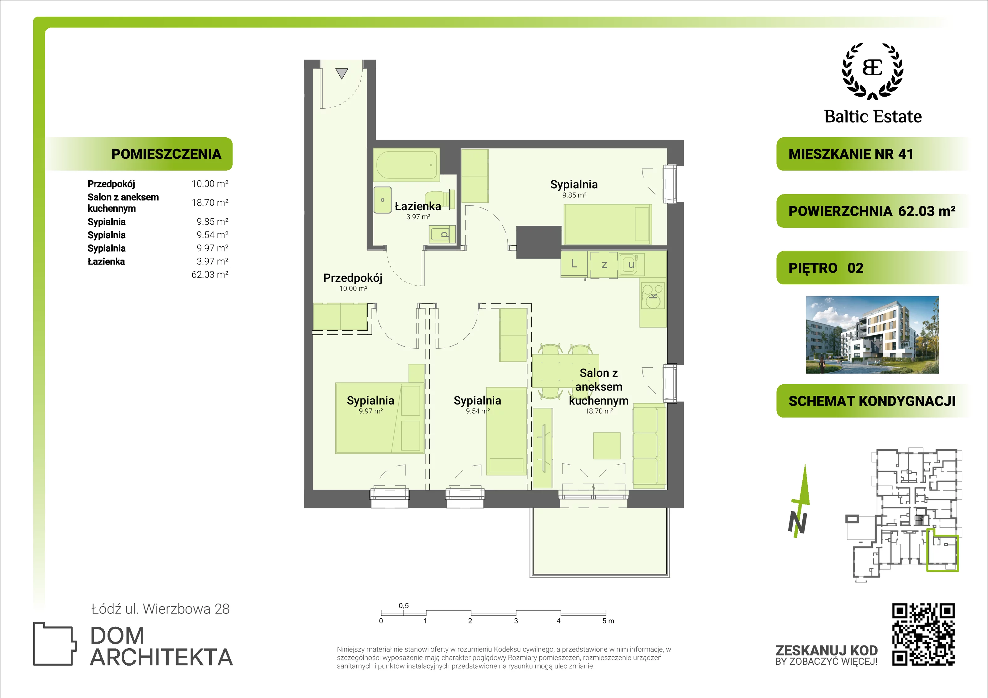 Mieszkanie 62,03 m², piętro 2, oferta nr 02.M.41, Dom Architekta , Łódź, Śródmieście, Śródmieście, ul. Wierzbowa 28