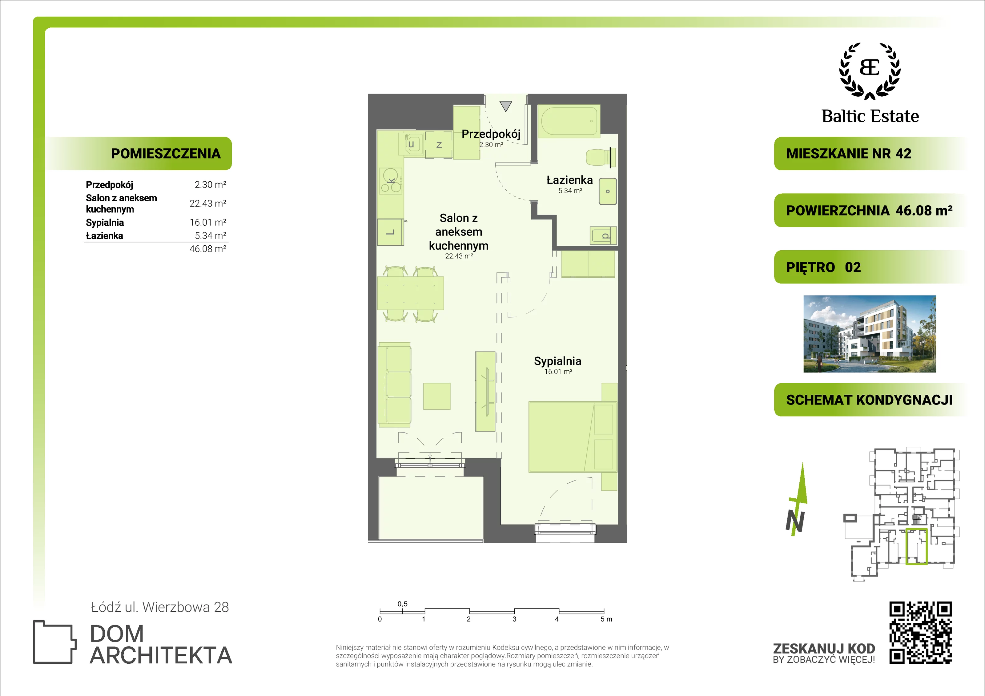 Mieszkanie 46,08 m², piętro 2, oferta nr 02.M.42, Dom Architekta , Łódź, Śródmieście, Śródmieście, ul. Wierzbowa 28