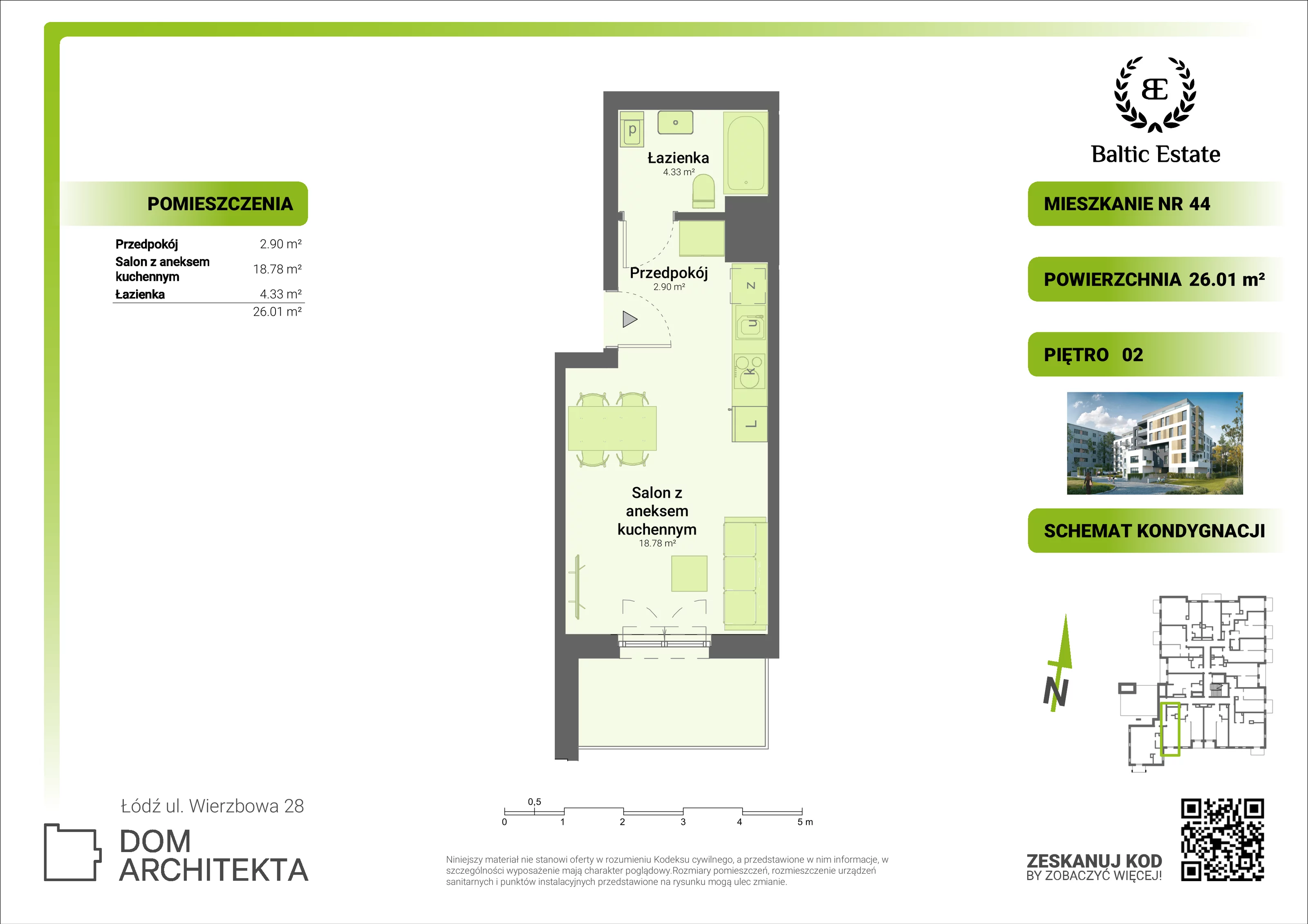 Mieszkanie 26,01 m², piętro 2, oferta nr 02.M.44, Dom Architekta , Łódź, Śródmieście, Śródmieście, ul. Wierzbowa 28