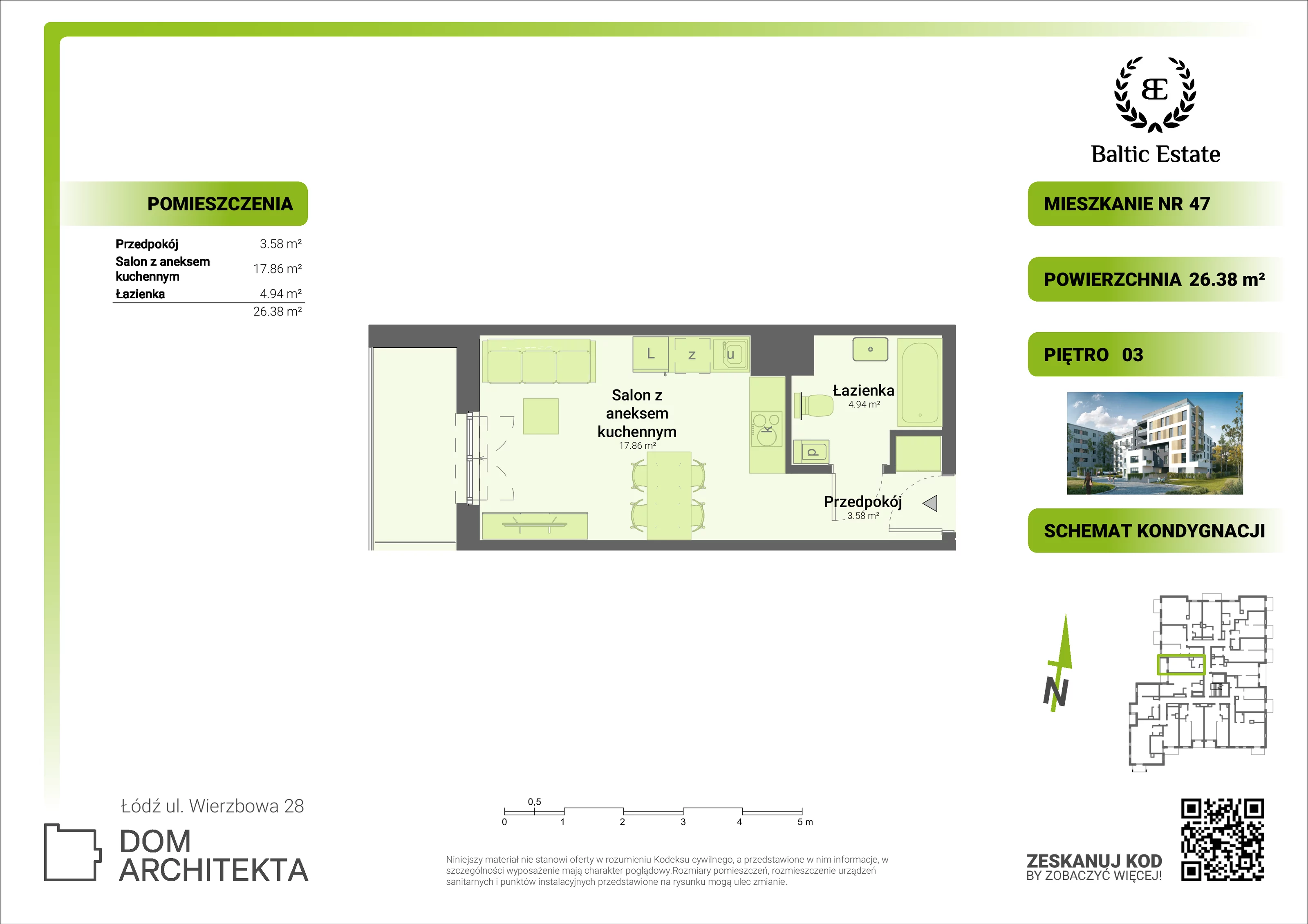 Mieszkanie 26,38 m², piętro 3, oferta nr 03.M.47, Dom Architekta , Łódź, Śródmieście, Śródmieście, ul. Wierzbowa 28