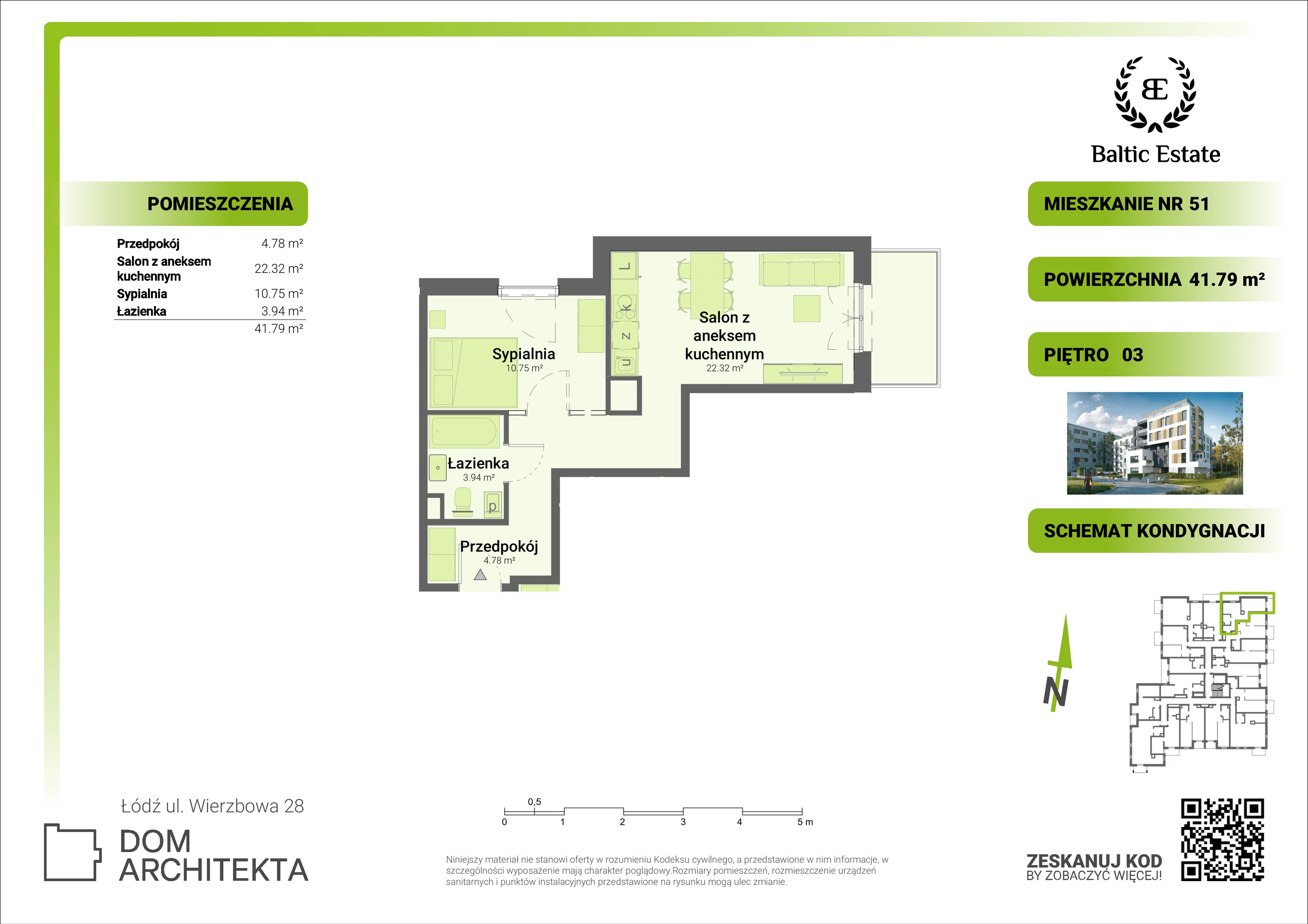 Mieszkanie 41,79 m², piętro 3, oferta nr 03.M.51, Dom Architekta , Łódź, Śródmieście, Śródmieście, ul. Wierzbowa 28