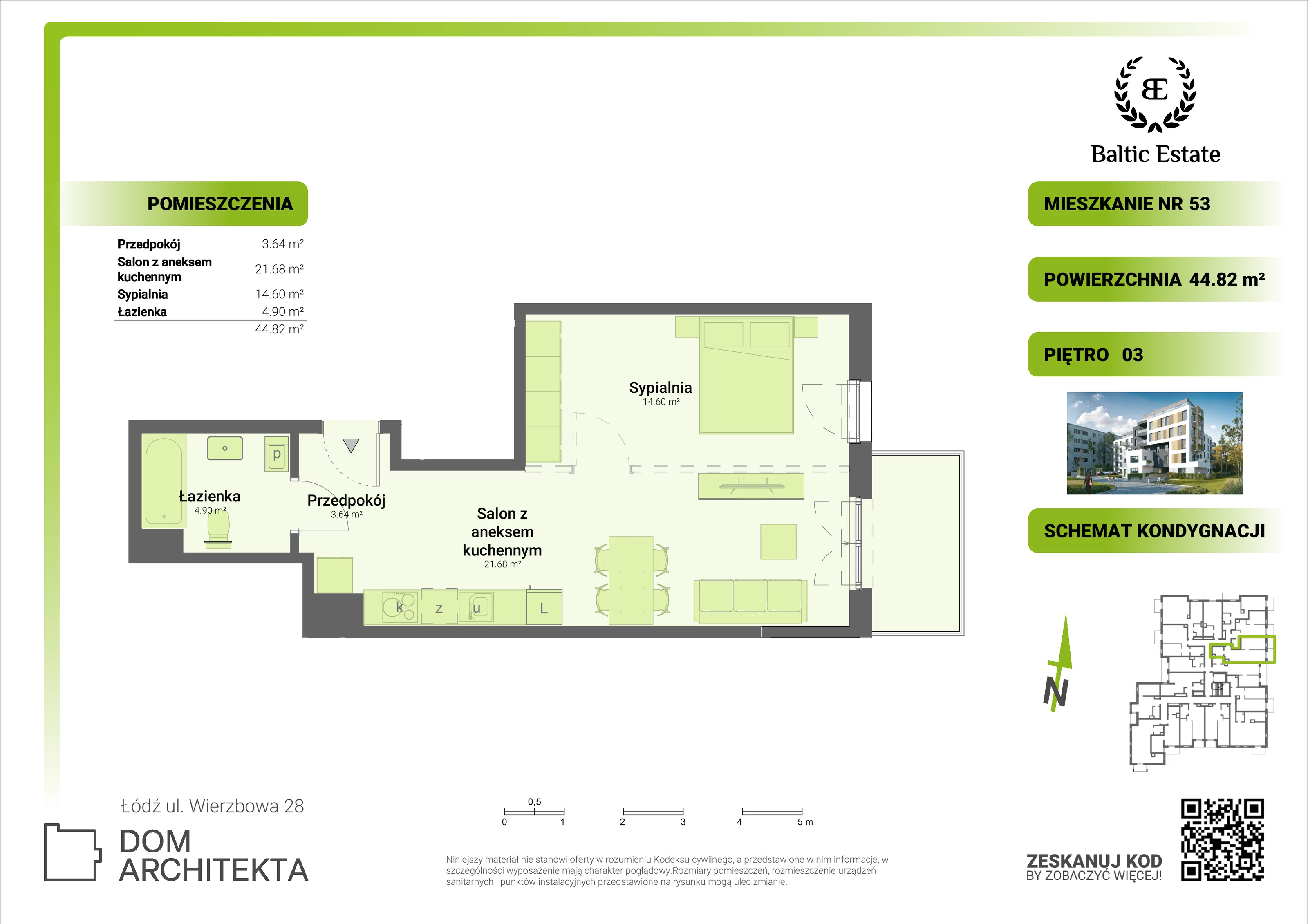 Mieszkanie 44,82 m², piętro 3, oferta nr 03.M.53, Dom Architekta , Łódź, Śródmieście, Śródmieście, ul. Wierzbowa 28