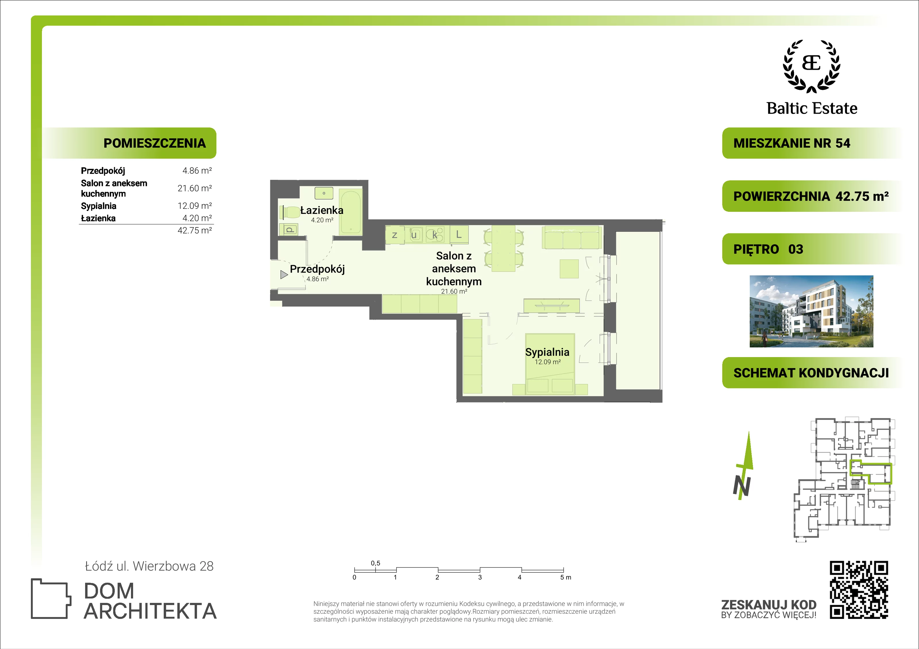 Mieszkanie 42,75 m², piętro 3, oferta nr 03.M.54, Dom Architekta , Łódź, Śródmieście, Śródmieście, ul. Wierzbowa 28