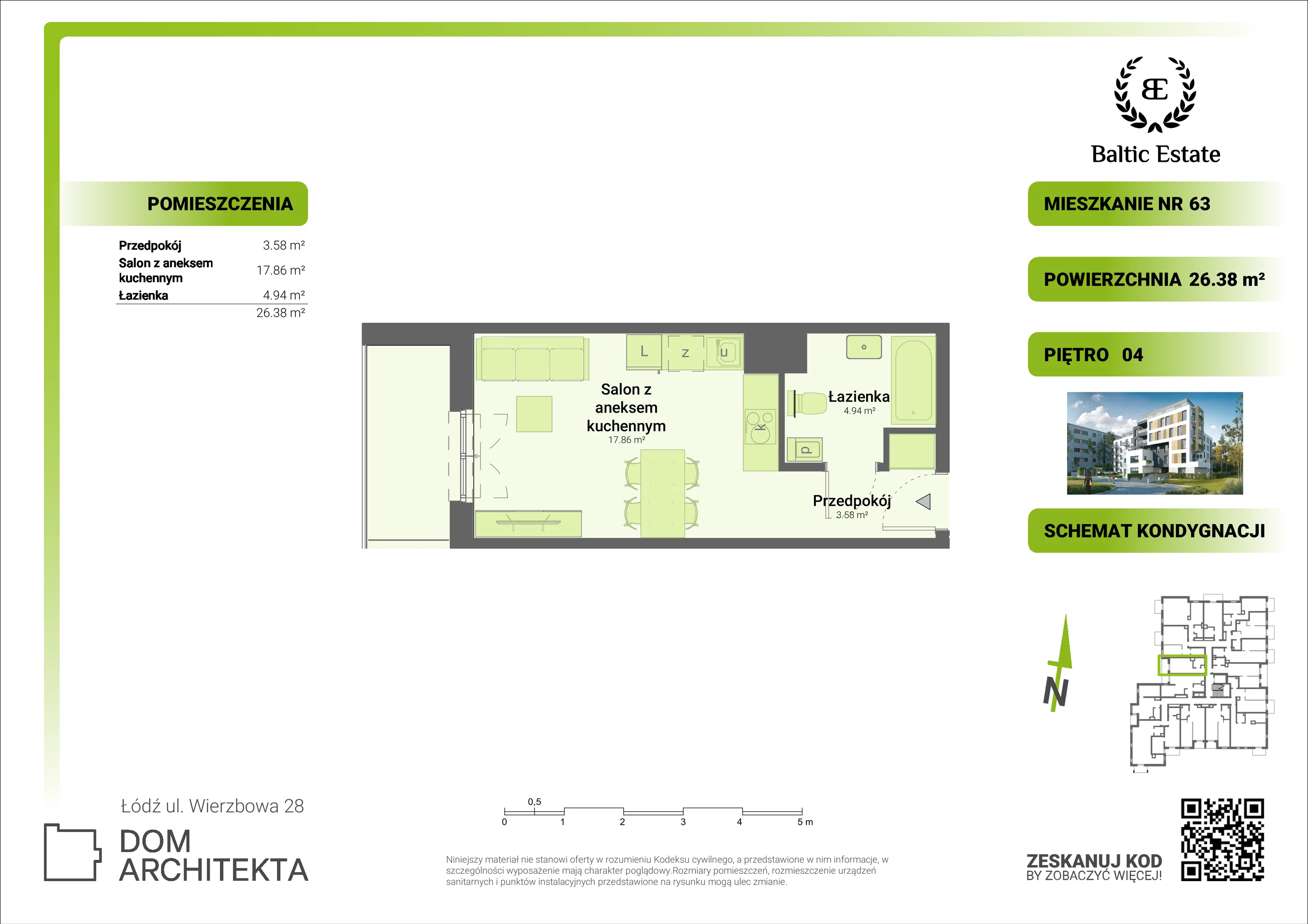 Mieszkanie 26,38 m², piętro 4, oferta nr 04.M.63, Dom Architekta , Łódź, Śródmieście, Śródmieście, ul. Wierzbowa 28