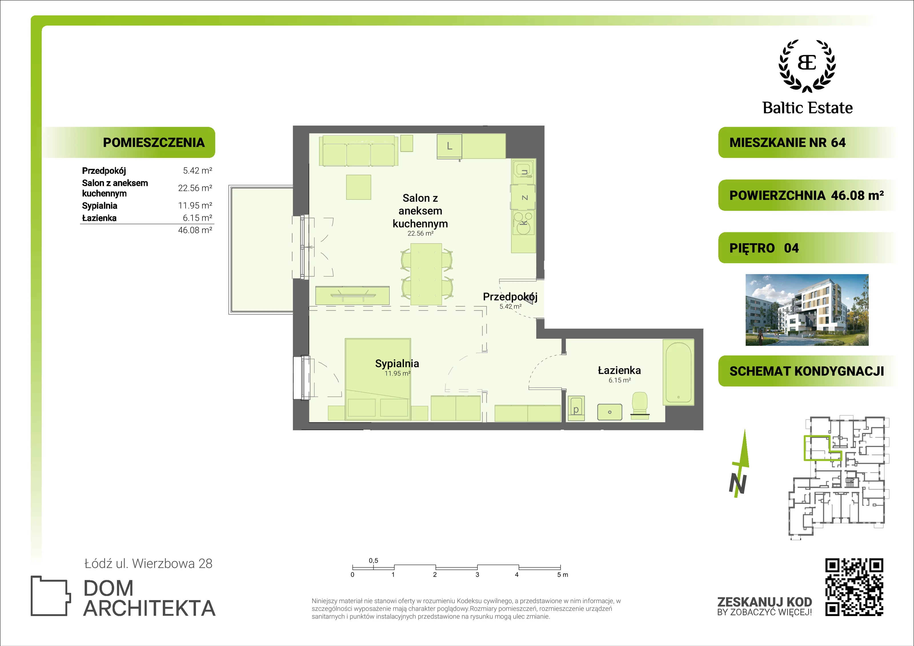 Mieszkanie 46,08 m², piętro 4, oferta nr 04.M.64, Dom Architekta , Łódź, Śródmieście, Śródmieście, ul. Wierzbowa 28