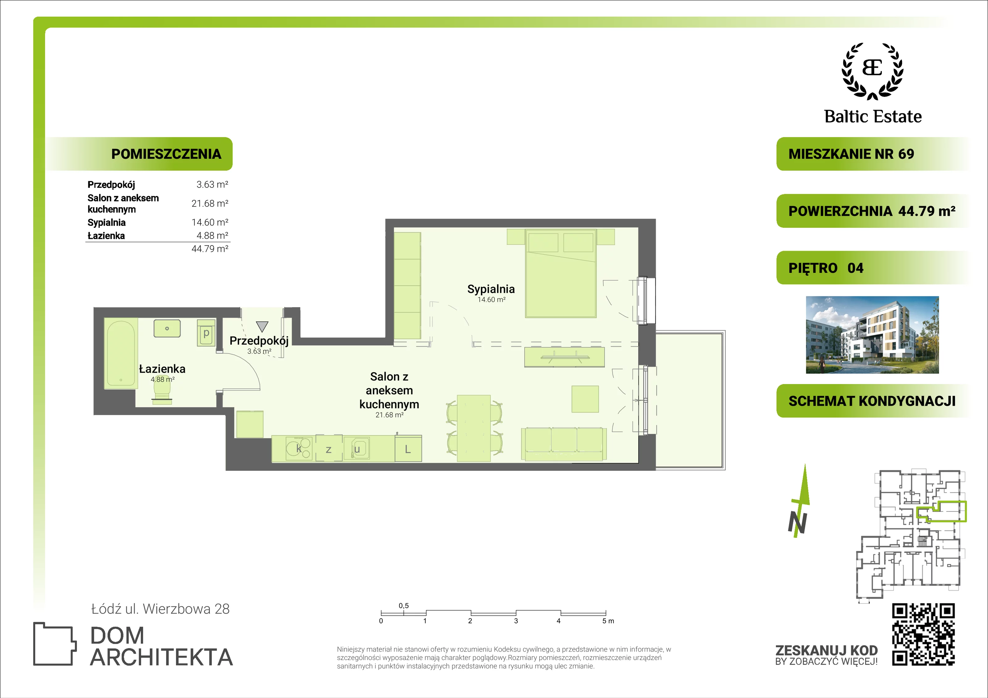 Mieszkanie 44,79 m², piętro 4, oferta nr 04.M.69, Dom Architekta , Łódź, Śródmieście, Śródmieście, ul. Wierzbowa 28