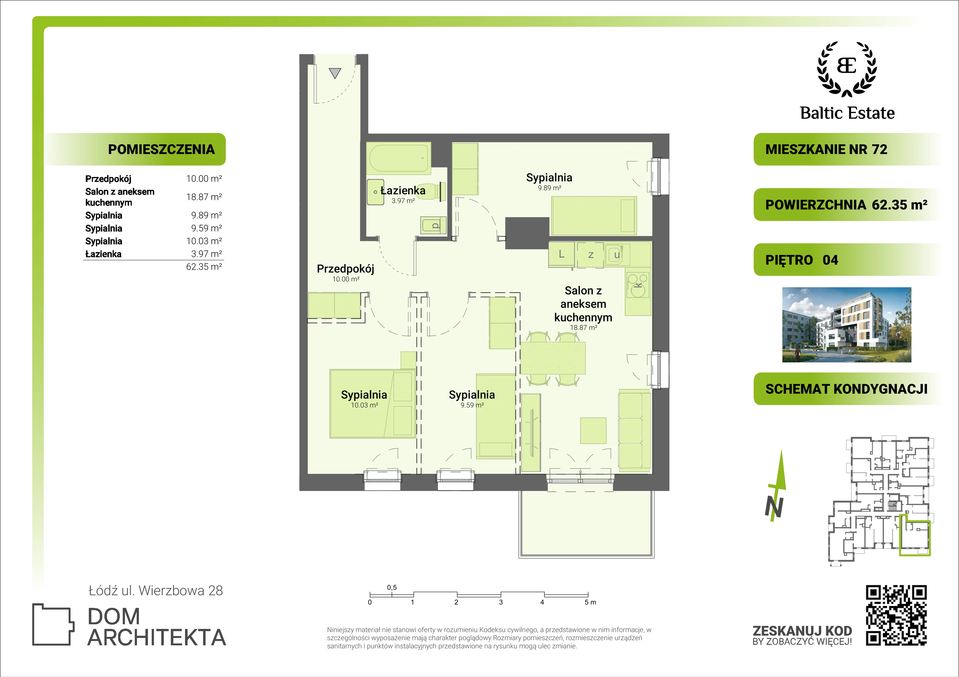 Mieszkanie 62,35 m², piętro 4, oferta nr 04.M.72, Dom Architekta , Łódź, Śródmieście, Śródmieście, ul. Wierzbowa 28