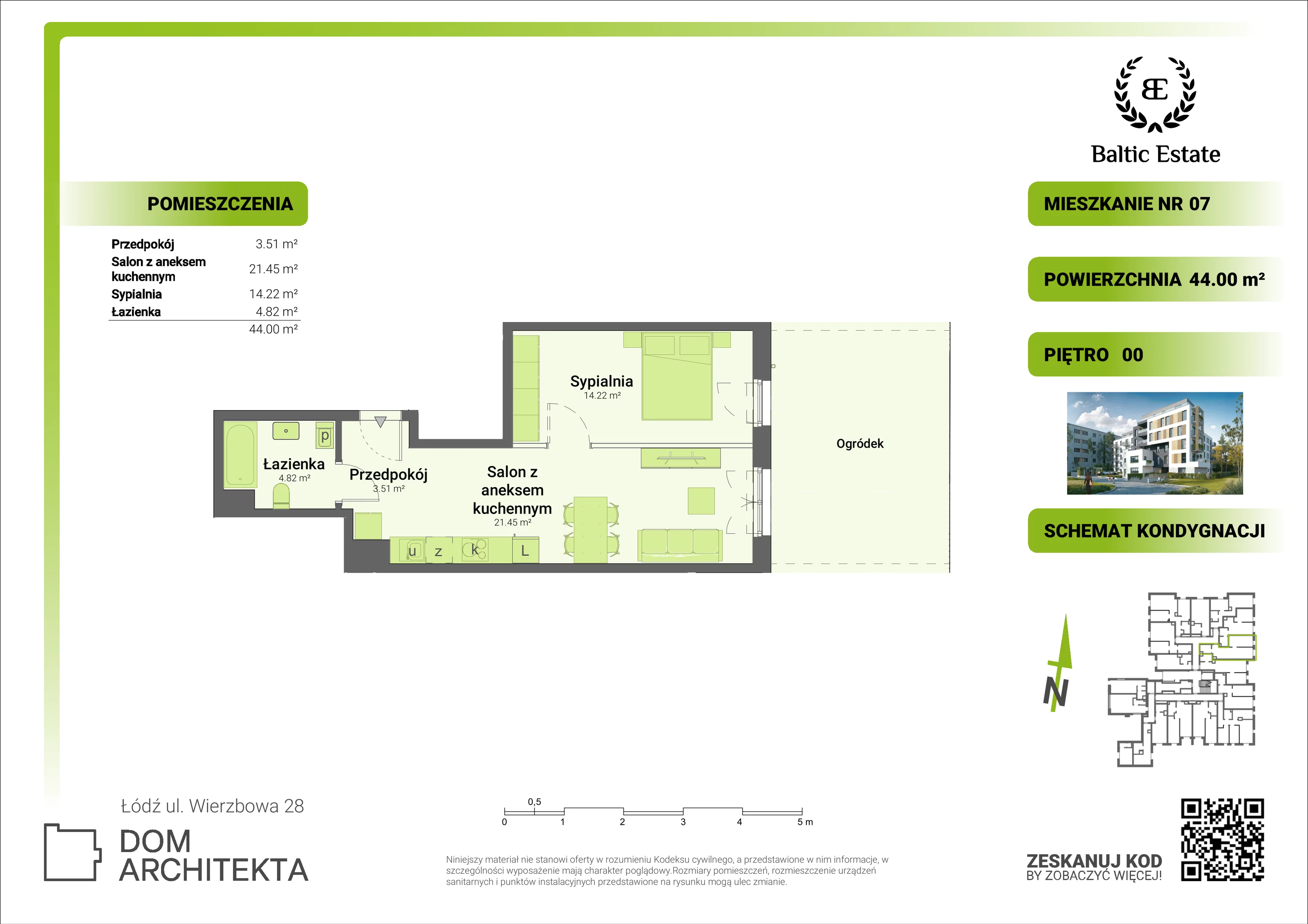 Mieszkanie 44,00 m², parter, oferta nr 00.M.07, Dom Architekta , Łódź, Śródmieście, Śródmieście, ul. Wierzbowa 28