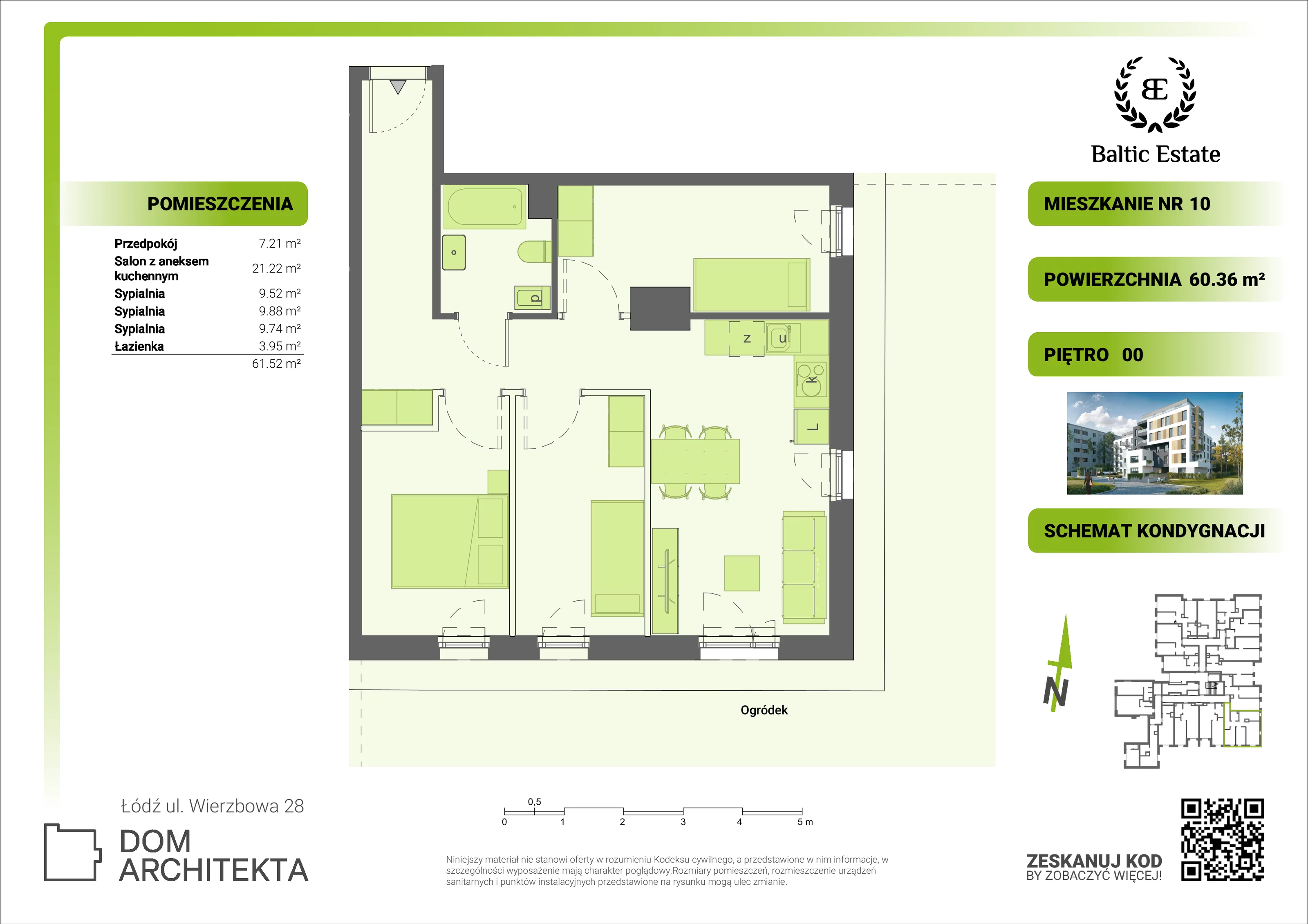 Mieszkanie 60,36 m², parter, oferta nr 00.M.10, Dom Architekta , Łódź, Śródmieście, Śródmieście, ul. Wierzbowa 28