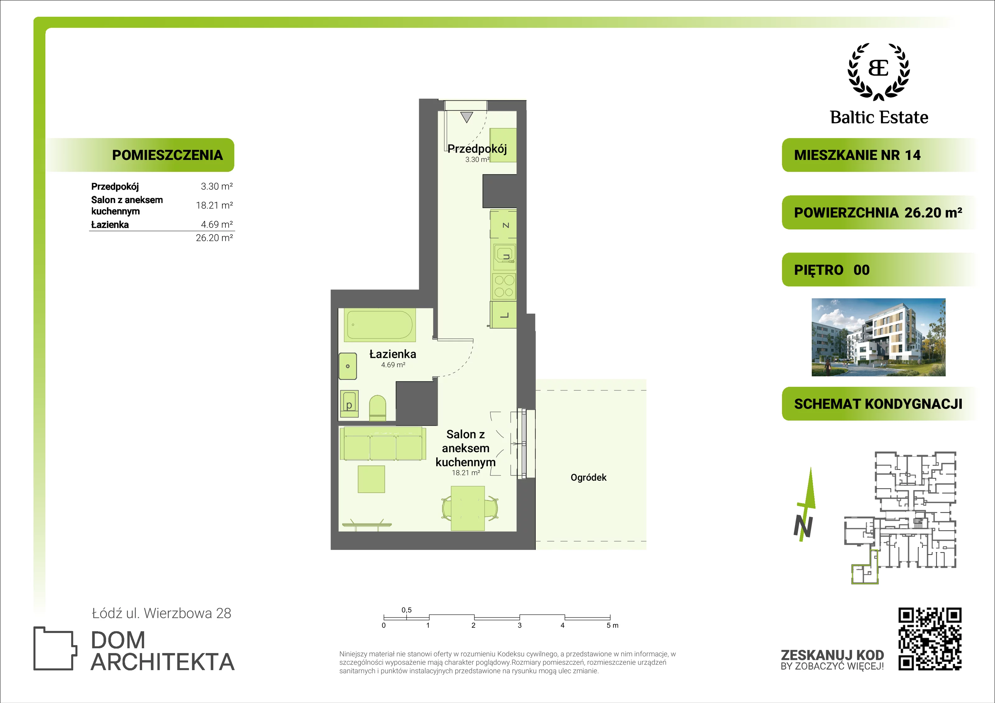 Mieszkanie 26,20 m², parter, oferta nr 00.M.14, Dom Architekta , Łódź, Śródmieście, Śródmieście, ul. Wierzbowa 28