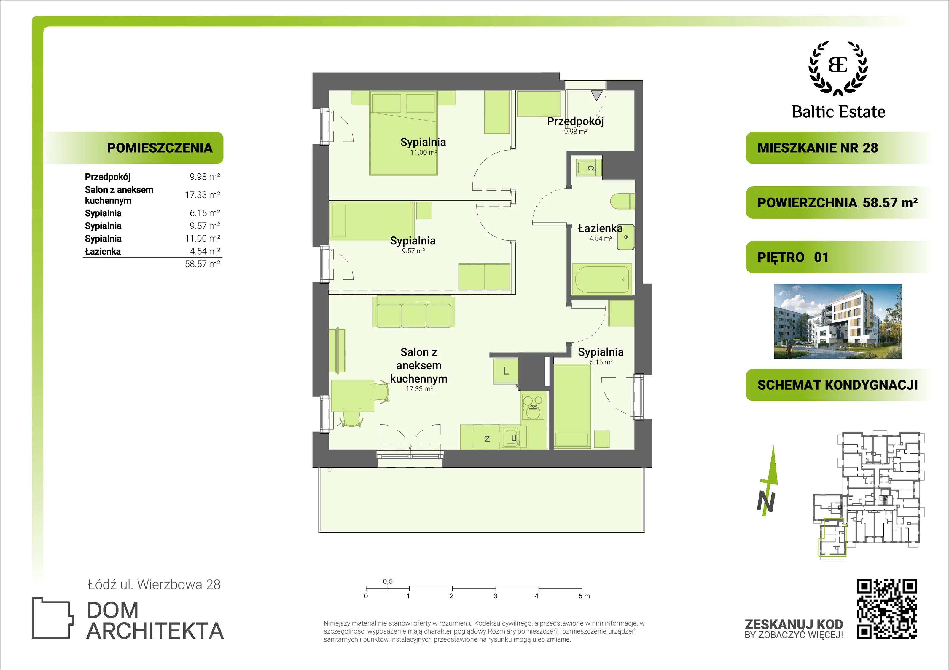 Mieszkanie 58,57 m², piętro 1, oferta nr 01.M.28, Dom Architekta , Łódź, Śródmieście, Śródmieście, ul. Wierzbowa 28