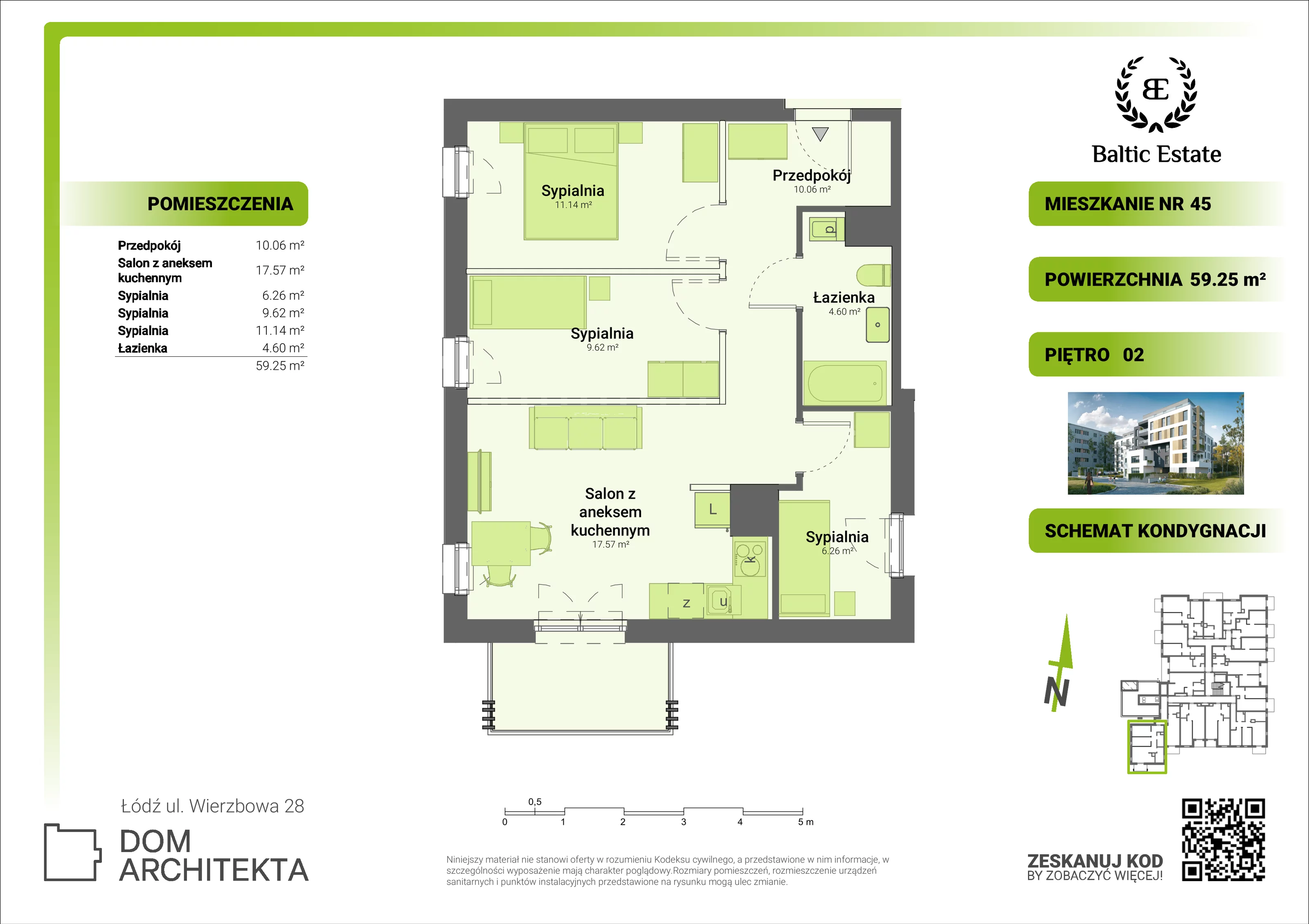 Mieszkanie 59,25 m², piętro 2, oferta nr 02.M.45, Dom Architekta , Łódź, Śródmieście, Śródmieście, ul. Wierzbowa 28